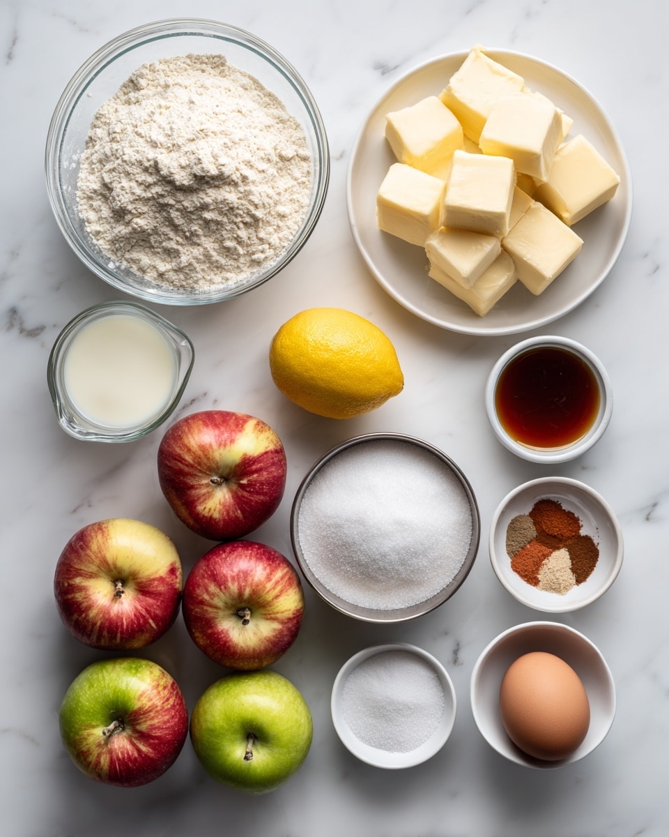 The image shows various baking ingredients neatly arranged on a white marbled surface. In the top left, there is a clear glass bowl filled with pale off-white flour. Next to it on the right is a white plate piled with square pieces of light yellow butter. Below the flour are seven whole apples with red, green, and yellow skin tones spread out in a loose group. In the middle near the top is a whole yellow lemon. Below the lemon, a metallic bowl holds a mound of white sugar. Surrounding these are small white bowls containing granulated sugar, sea salt, vanilla extract, and powdered spices with reddish-brown and beige tones. There is also a single brown egg and a clear glass container with liquid, as well as a slightly off-white small bowl of cream or milk. Everything is placed with clear space between items on the smooth white marbled surface. Photo taken with an iphone --ar 4:5 --v 7