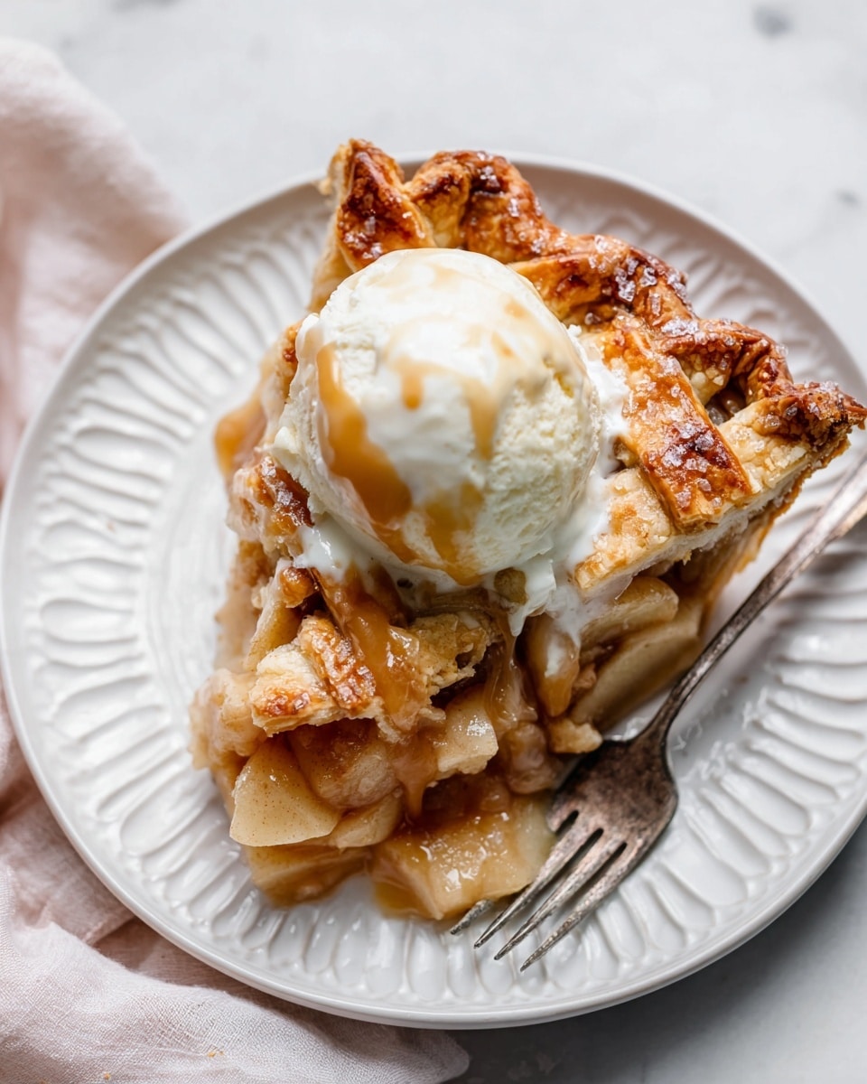 A slice of apple pie is placed on a white decorative plate on a white marbled surface. The pie has a golden-brown lattice crust sprinkled with sugar, showing soft, cooked apple pieces with a light brown color inside. On top of the pie slice, there is a scoop of creamy white ice cream, slowly melting, with a thick layer of glossy caramel sauce dripping down the ice cream and pie crust. Next to the plate is a silver fork partially visible, with a woman's hand holding it gently. The overall look is warm and inviting, perfect for dessert. photo taken with an iphone --ar 4:5 --v 7