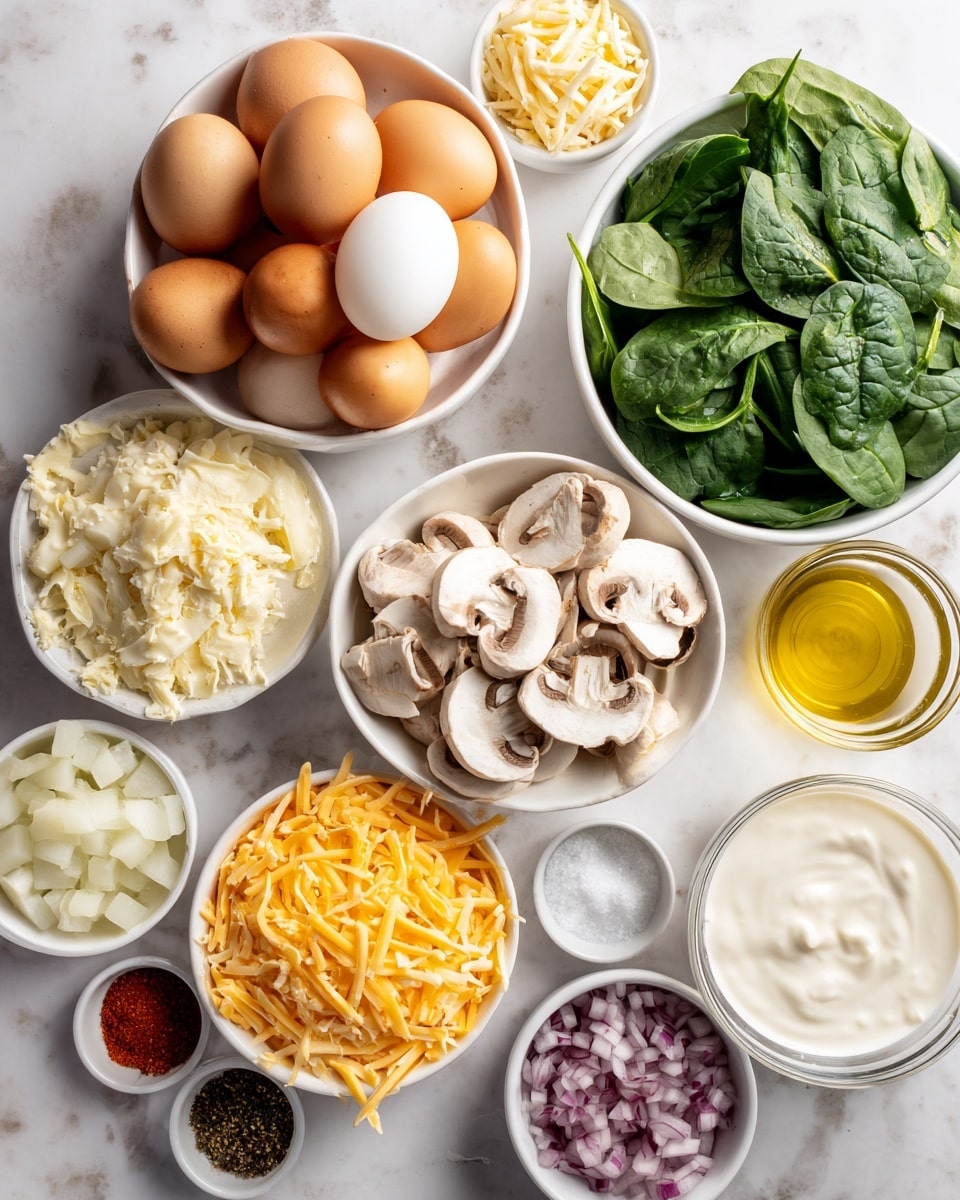 The image shows multiple white bowls arranged on a white marbled surface, each filled with different ingredients. The largest bowl at the top contains mostly brown eggs with one white egg in the middle. To the right, a bowl holds fresh green spinach leaves that look soft and vibrant. Below the eggs, a bowl is filled with sliced white mushrooms showing light brown gills. To the right of this, a bowl fully packed with shredded orange cheddar cheese. Below the mushrooms, there is a small bowl with a white creamy liquid, possibly milk or cream. Another bowl contains finely chopped white potatoes, and next to it is a bowl filled with diced red onions. At the bottom, a small white dish holds various spices including black pepper, salt, and red powders. A glass container of yellow olive oil completes the ingredient setup. Photo taken with an iphone --ar 4:5 --v 7