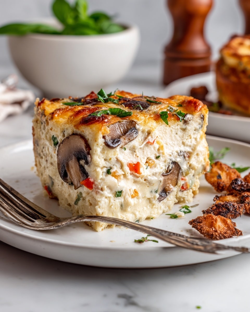 A close-up view of a thick slice of cheesy casserole on a white plate, showing three layers: the bottom layer is light and fluffy with small pieces of red and green vegetables, the middle layer is creamy and smooth with mushrooms, and the top layer is melted golden cheese with scattered small green herb leaves. The plate is on a white marbled surface, with parts of two brown crispy pieces on the right side of the plate, and a silver fork in front on the marble. In the background, there are blurred green leaves in a white bowl and a wooden pepper grinder. photo taken with an iphone --ar 4:5 --v 7