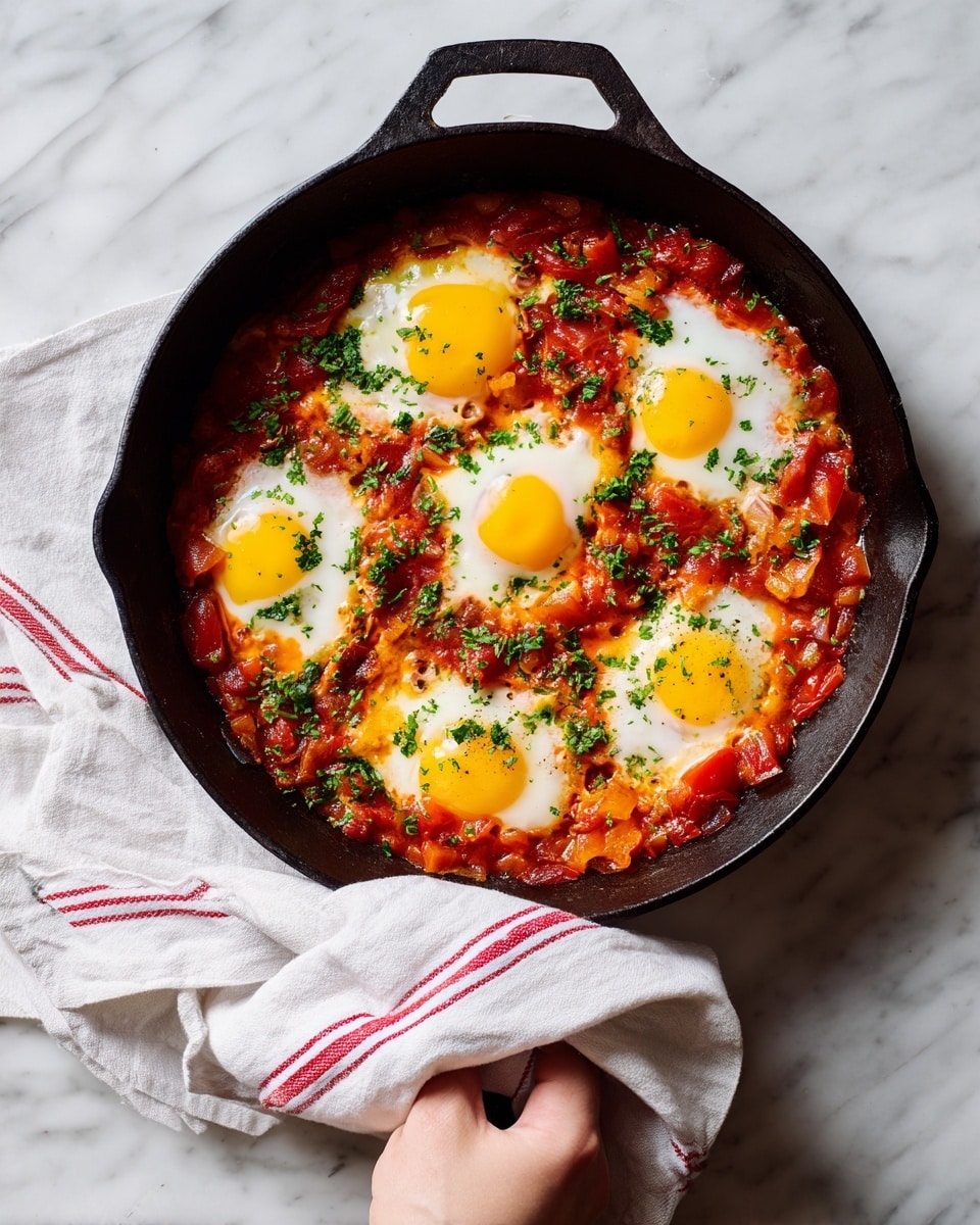 The image shows a black cast iron pan filled with a colorful shakshuka dish placed on a white marbled surface. Inside the pan, there are six bright yellow eggs with firm whites, evenly spaced. The base layer is a rich reddish-orange tomato sauce with chunks of cooked tomatoes and visible green herbs. Scattered throughout the sauce are small, light golden pieces of cooked onions and some bacon bits, adding texture and depth. A woman's hand is gently holding a white kitchen towel with red stripes beside the pan, preparing to lift or move it. Photo taken with an iphone --ar 4:5 --v 7