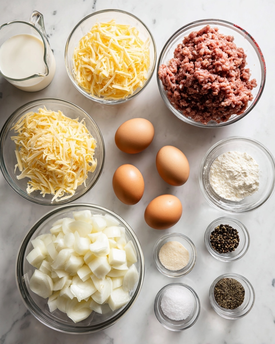 A top view of clear glass bowls and a measuring cup on a white marbled surface, each filled with different ingredients. From left to right, a measuring cup with milk, a large bowl full of shredded yellow cheese, a medium bowl with raw ground meat that is pinkish with white bits, a bowl holding four brown eggs, a large bowl filled with diced white potatoes, a smaller bowl with chopped white onions, and three smaller glass bowls containing black pepper, a light beige powder, and white granulated salt. The arrangement is neat and evenly spaced, showing a variety of textures from smooth to shredded to diced. Photo taken with an iphone --ar 4:5 --v 7
