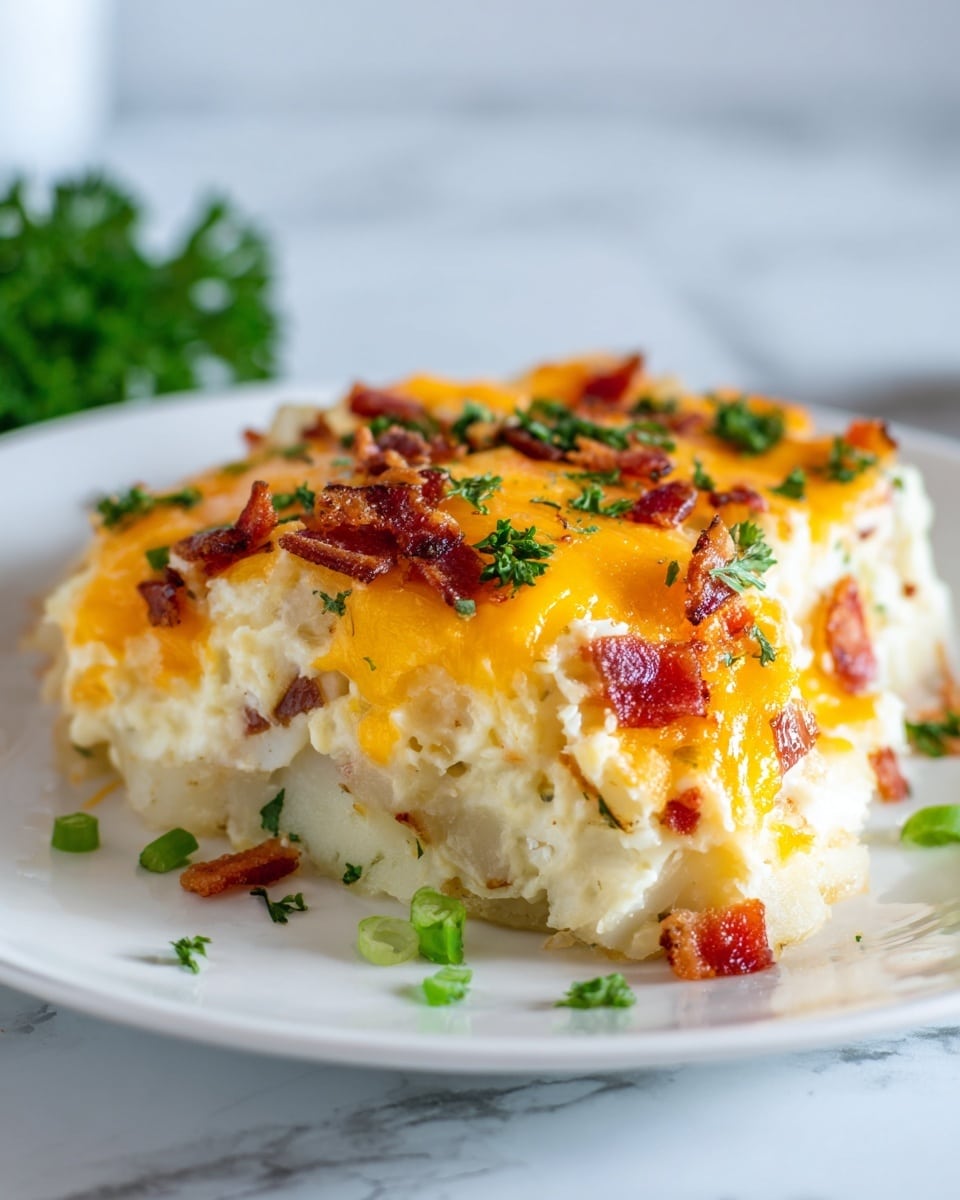 A close-up view of a cheesy casserole slice on a white plate showing two main layers: the bottom layer is creamy and pale yellow with small bits of light-colored cooked potatoes mixed in, and the top layer is melted bright yellow cheddar cheese with small pieces of red bacon and green parsley leaves scattered throughout. The cheese looks soft and slightly shiny with some spots of light brown where it has melted more, and the parsley adds a fresh touch. A few small chopped green onions are on the plate near the casserole. The surface beneath the plate is a white marbled texture. Photo taken with an iphone --ar 4:5 --v 7