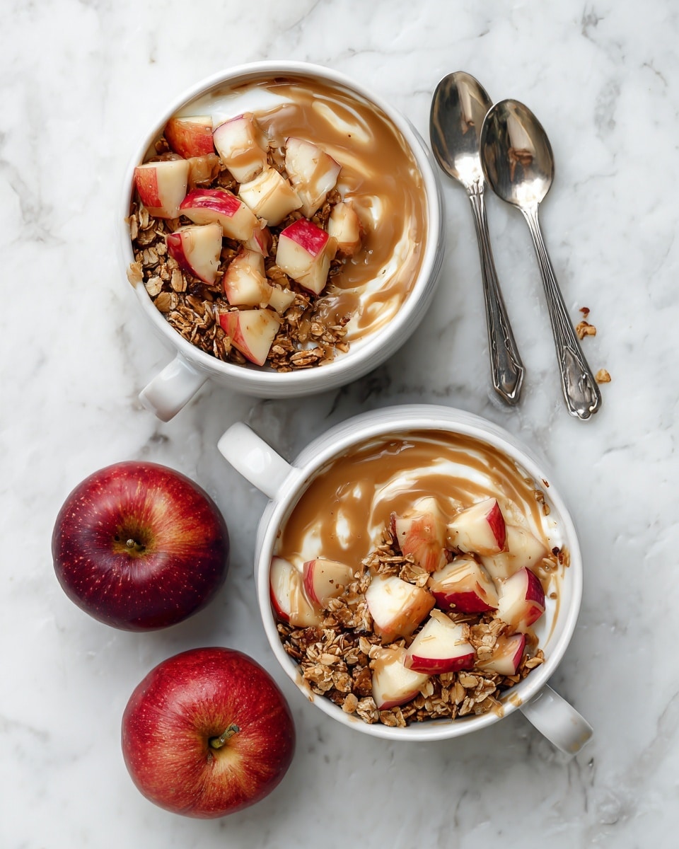 The image shows two white bowls filled with a layered breakfast dish placed on a white marbled surface. Each bowl has a bottom layer of granola, topped with chopped red and white apples, and a thick swirl of light brown sauce drizzled over the fruit. The bowls have two small handles on each side, and beside them are two silver spoons and two whole red apples placed on the surface. The overall look is fresh and colorful, with the contrasting textures of crunchy granola, soft fruit, and creamy sauce clearly visible. photo taken with an iphone --ar 4:5 --v 7