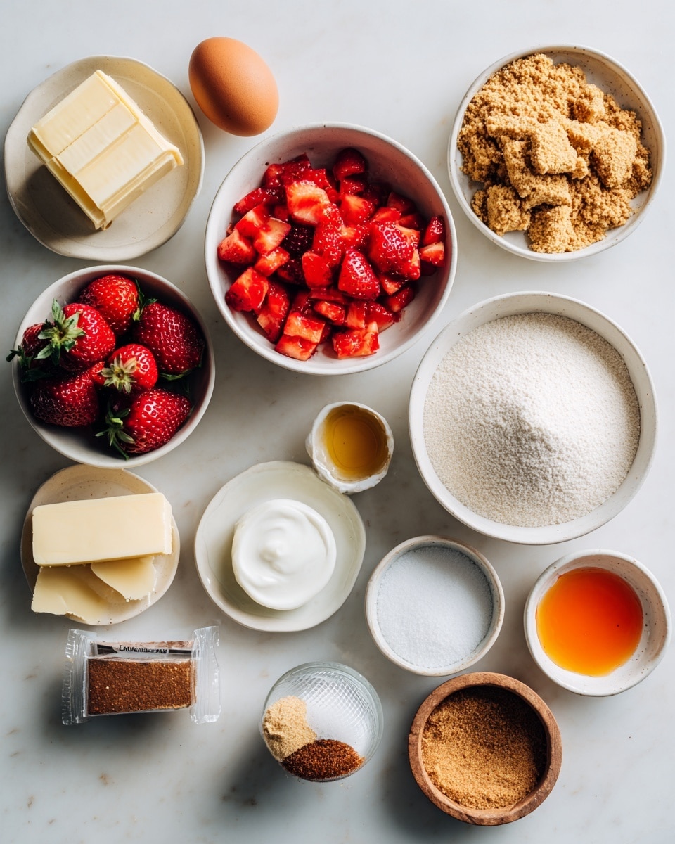 The image shows a white marbled surface with several white bowls and small containers arranged neatly. One bowl is filled with bright red chopped strawberries, another with light tan crushed crackers or crumbs. A large mound of white powdered sugar sits in a white bowl at the center. Around these, smaller bowls hold a white white granulated substance, a small amount of cream, and an orange liquid that looks like melted butter or syrup. There are also sticks of pale yellow butter, a single brown egg, a small bowl with a brown powder likely cinnamon, a small container of salt, and a pack of crushed crackers or crumbs in a wrapper. The setup is clean and organized. Photo taken with an iphone --ar 4:5 --v 7