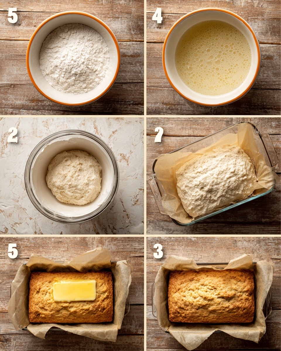 The image shows six steps of a baking process on a wooden surface with a white marbled texture. Step 1 features a white bowl with an orange rim filled with white flour. Step 2 shows the same bowl now filled with a bubbly, light beige liquid mixture. Step 3 displays the bowl with a thick, rough, light dough inside. Step 4 presents a glass loaf pan lined with parchment paper, filled with the risen dough, which is fluffy and slightly bumpy. Step 5 shows the same loaf pan with the dough covered by melted yellow butter on top. Step 6 reveals the finished bread, baked to a golden brown with an uneven, rustic crust on top photo taken with an iphone --ar 4:5 --v 7