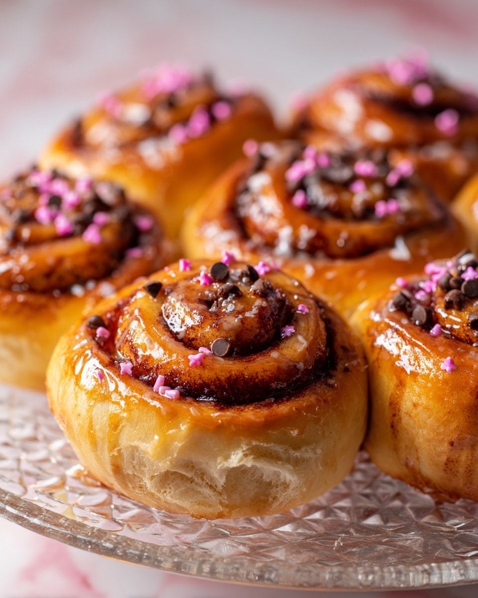 There are several cinnamon rolls with a golden brown dough base, each roll showing swirls of dark reddish-brown cinnamon filling. The tops are shiny with glaze and sprinkled with small, thin pink sprinkles and a few chocolate chips. They are placed close together on a clear textured glass plate, all resting on a white marbled surface. photo taken with an iphone --ar 4:5 --v 7