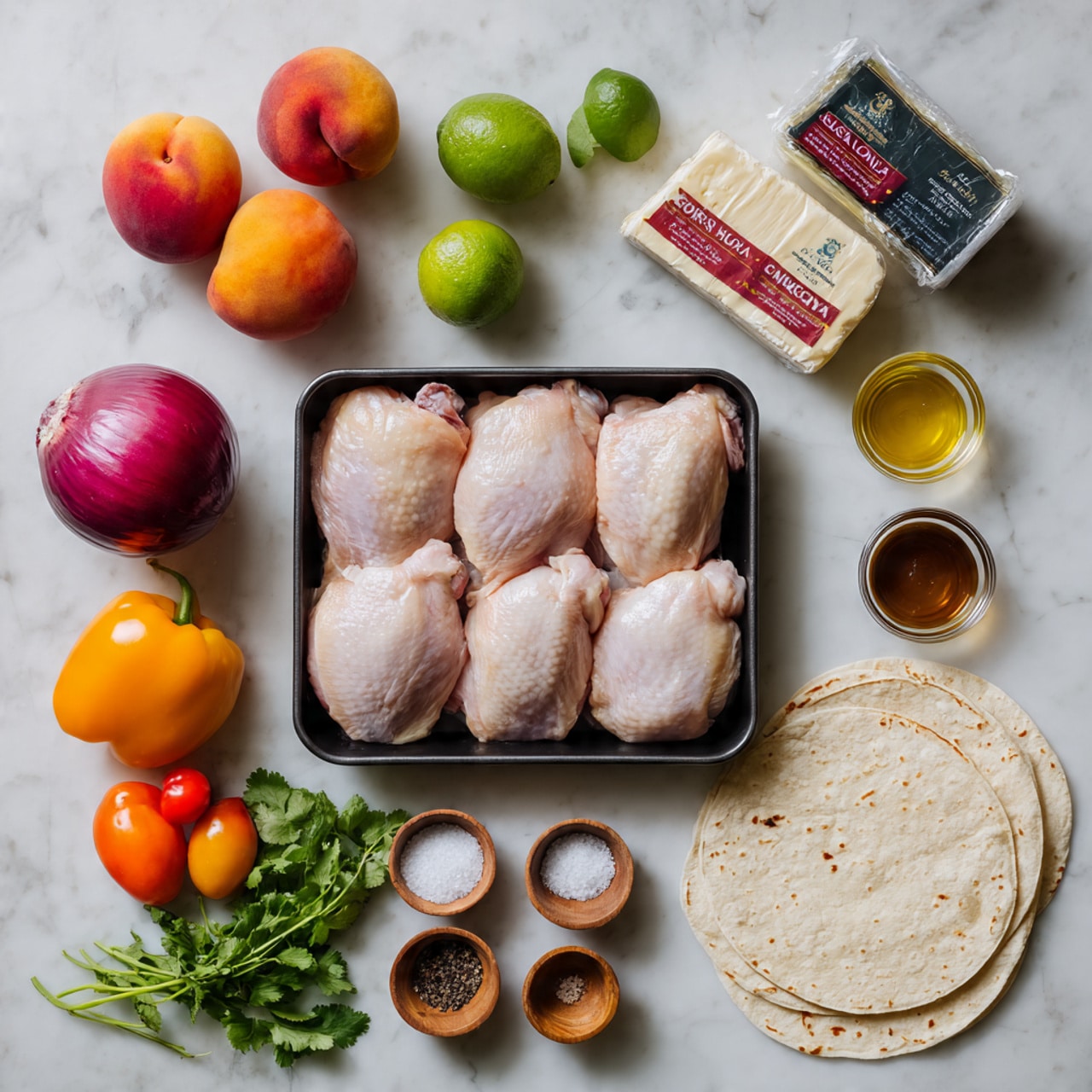 The image shows fresh ingredients laid out neatly on a white marbled surface. There are four raw chicken thighs placed side by side in a small black tray at the center. To the left are fresh vegetables including a whole red bell pepper, a red onion, two peaches, two tomatoes, two green limes, a few sprigs of cilantro, some fresh mint leaves, and a small orange chili pepper. Above the chicken are two packs of cheese, one queso fresco and one Oaxaca cheese. To the right of the chicken is a small glass bowl of honey and below that a small glass bowl of oil. Below the chicken tray, from left to right, there are small wooden bowls with salt and pepper and a small glass bowl with a dark liquid, possibly soy sauce. On the far right, there are three white corn tortillas stacked neatly on the white marbled surface. photo taken with an iphone --ar 4:5 --v 7