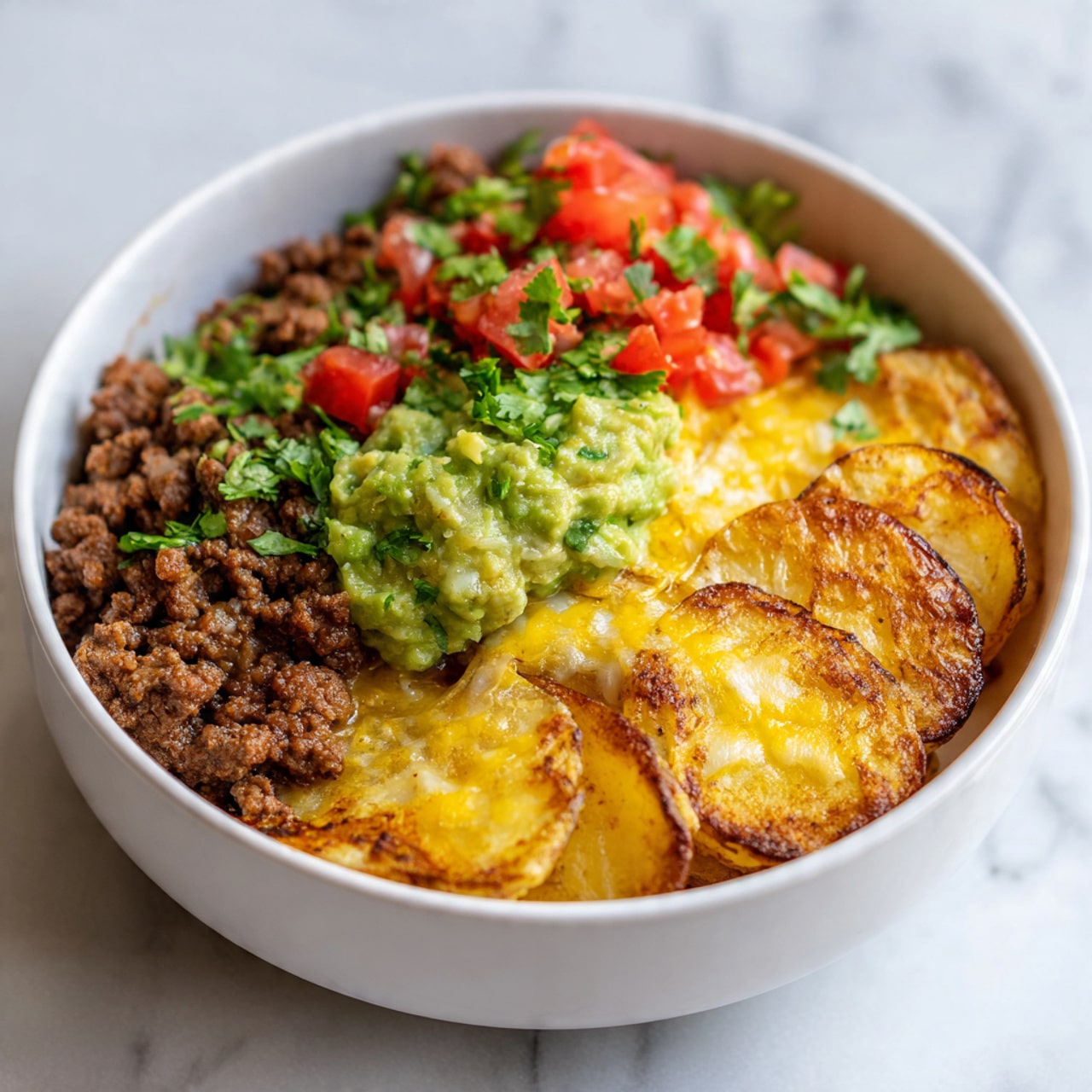 The image shows a white bowl filled with a layered dish. The bottom layer consists of golden, crispy potato slices that look roasted. On top of the potatoes, there is a layer of cooked ground beef, browned and crumbly. A melted, light yellow cheese covers parts of the beef, adding a slightly creamy texture. On one side, there is a fresh green guacamole scoop with a rough texture. Next to the guacamole, a colorful topping of red diced tomatoes and finely chopped green cilantro is placed. The bowl sits on a white marbled surface. photo taken with an iphone --ar 4:5 --v 7