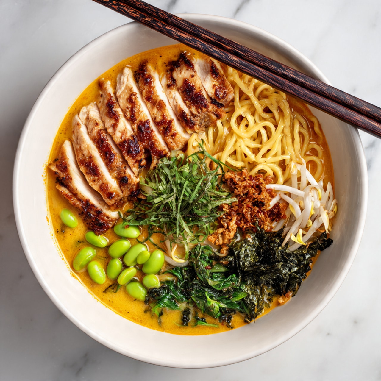 A white bowl filled with rich creamy orange broth holds a colorful ramen dish. On top, a neat row of sliced grilled chicken with golden brown edges lies on one side, beside a pile of light yellow noodles in the center. To the right, there is a small bunch of green herbs, next to a mound of white bean sprouts. Bright green edamame and darker green seaweed are placed on the left side, with a sprinkle of fried garlic or onions scattered around. A pair of dark brown chopsticks rests on the bowl's rim. The bowl sits on a white marbled surface. Photo taken with an iphone --ar 4:5 --v 7