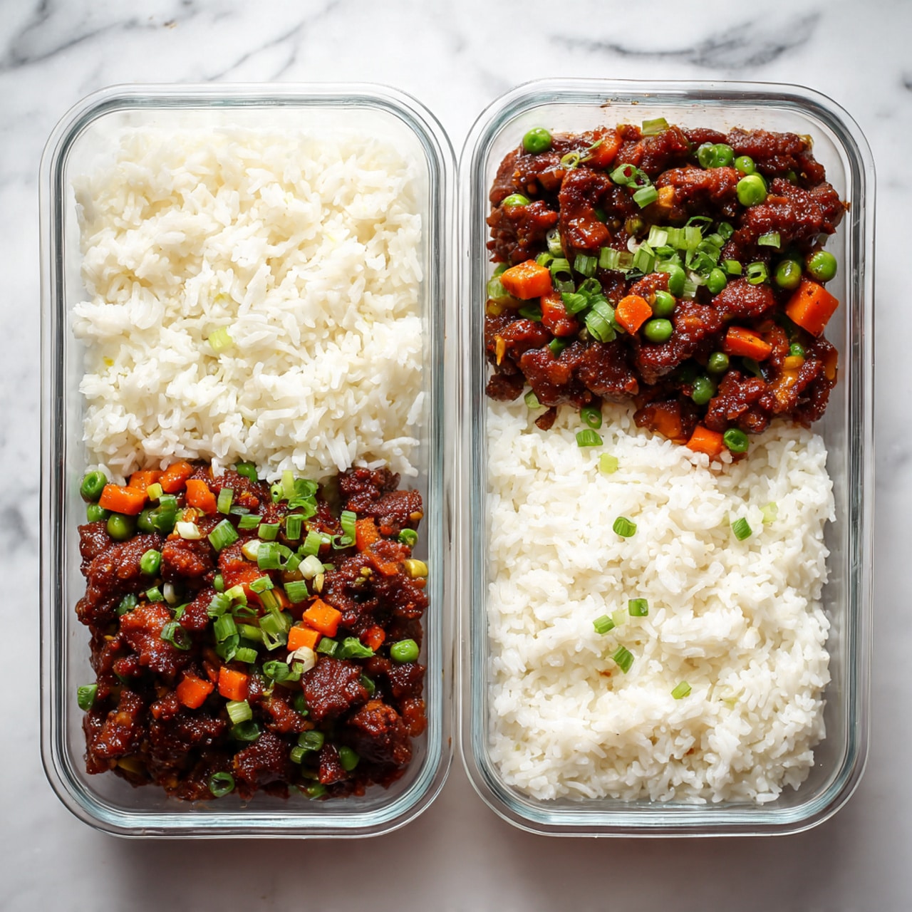The image shows several clear rectangular containers placed on a white marbled surface, each divided into two sections. One section holds white rice with a fluffy texture, while the other contains a dark brown stir-fry made with pieces of meat, sliced green onions, and small bits of orange carrots and peas for color. The layers are simple, with the white rice on the left and the richly colored meat mixture on the right. The containers are neatly arranged and identical in shape and size. photo taken with an iphone --ar 4:5 --v 7