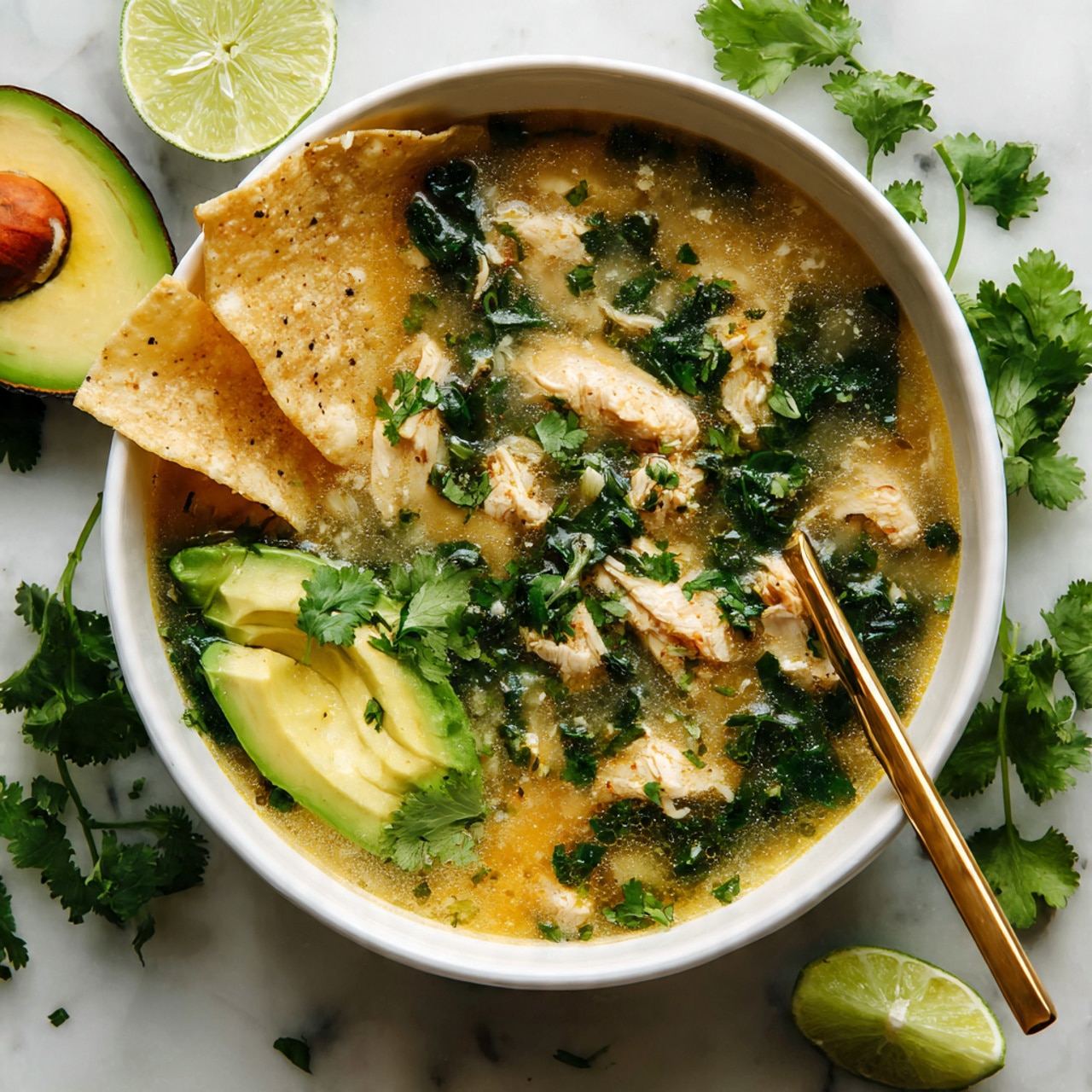 The image shows a white bowl filled with a light golden broth soup that has chunks of white chicken and dark green leafy vegetables mixed in. On one side of the bowl, two white tortilla chips are placed sticking out of the soup. A slice of bright green avocado rests against the tortilla chips, and a small bunch of fresh cilantro leaves is placed on top near the avocado. A golden spoon is set inside the bowl, partially submerged in the soup. Around the bowl, there are fresh cilantro leaves, half a lime with some juice squeezed out, and a half avocado on a white marbled surface. Photo taken with an iphone --ar 4:5 --v 7