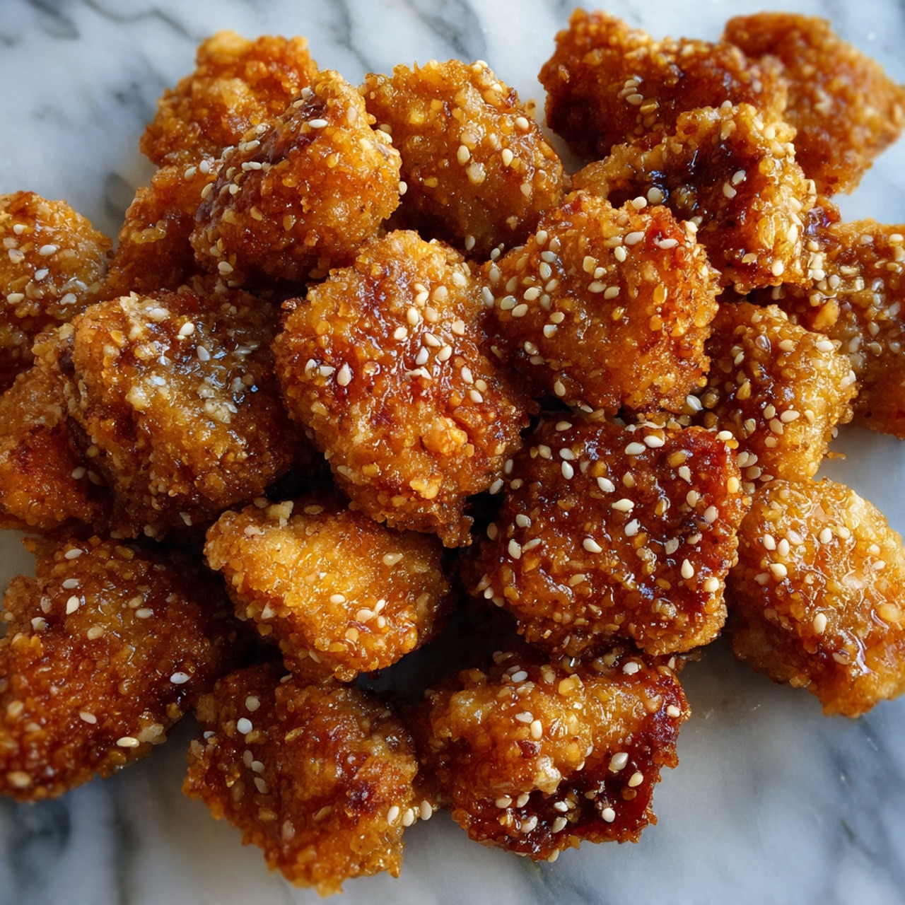 The image shows many pieces of crispy fried chicken bites covered with small white sesame seeds. Each piece looks crunchy with a rough, golden brown coating, and they are closely packed together. The texture is gritty from the sesame seeds and crunchy fried coating. The background is a white marbled surface. photo taken with an iphone --ar 4:5 --v 7