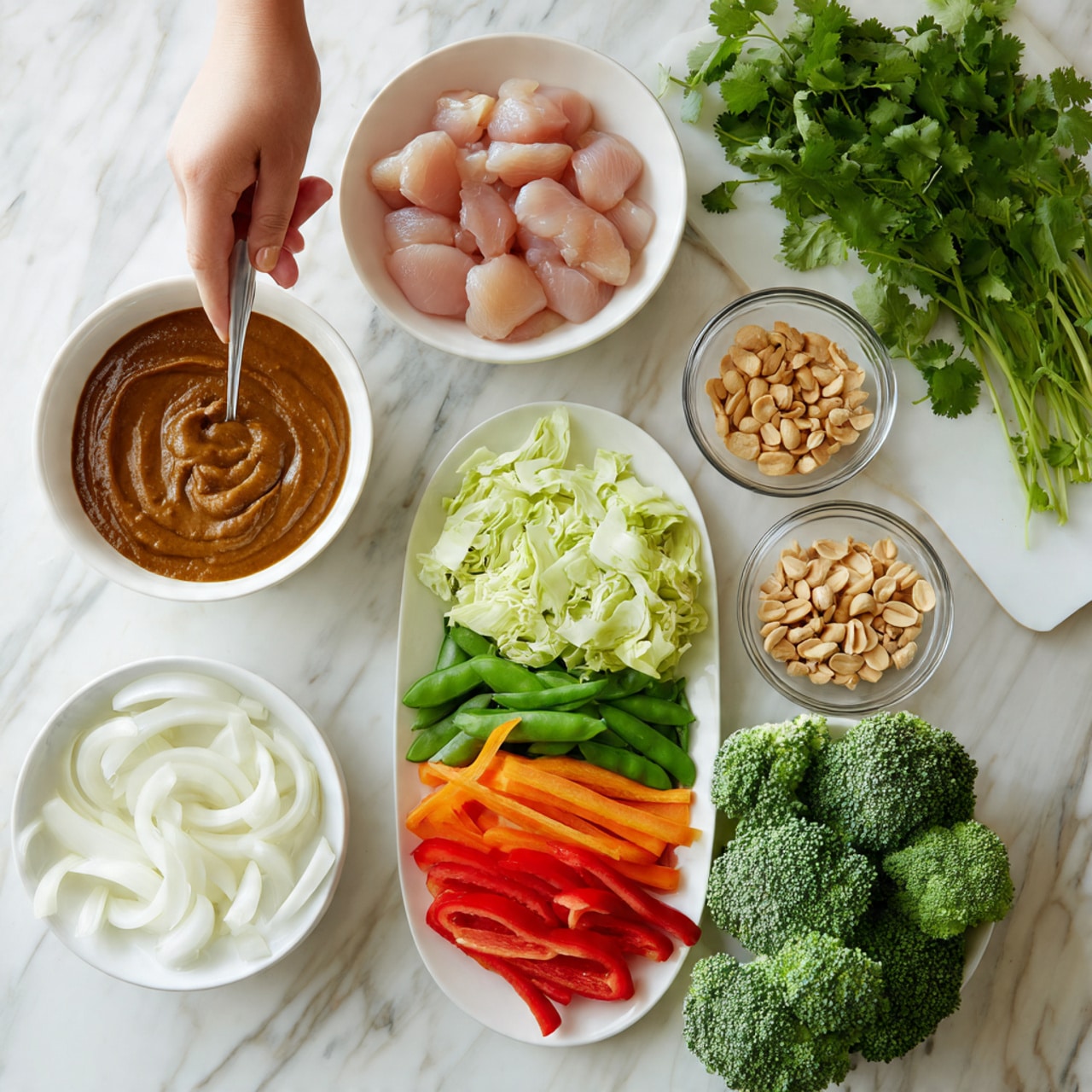 The image shows a collection of ingredients on a white marbled surface, arranged to prepare a meal. On the top left, there is a white bowl filled with a thick brown sauce with a metal spoon inside it. Below it is a white bowl holding raw pieces of light pink chicken meat. To the right of the chicken, a clear glass bowl contains small broken pieces of peanuts. Next to this, another clear glass bowl holds sliced white onions. The largest item is an oval white plate at the top center, neatly divided into five sections: leafy pale yellow-green cabbage on the left, bright green snap peas above it, thin strips of red and orange bell peppers to the right, sliced white mushrooms below the peppers, and fresh dark green broccoli florets filling the bottom right corner. Near the top right corner of the image, fresh sprigs of cilantro with green leaves are placed. Photo taken with an iphone --ar 4:5 --v 7