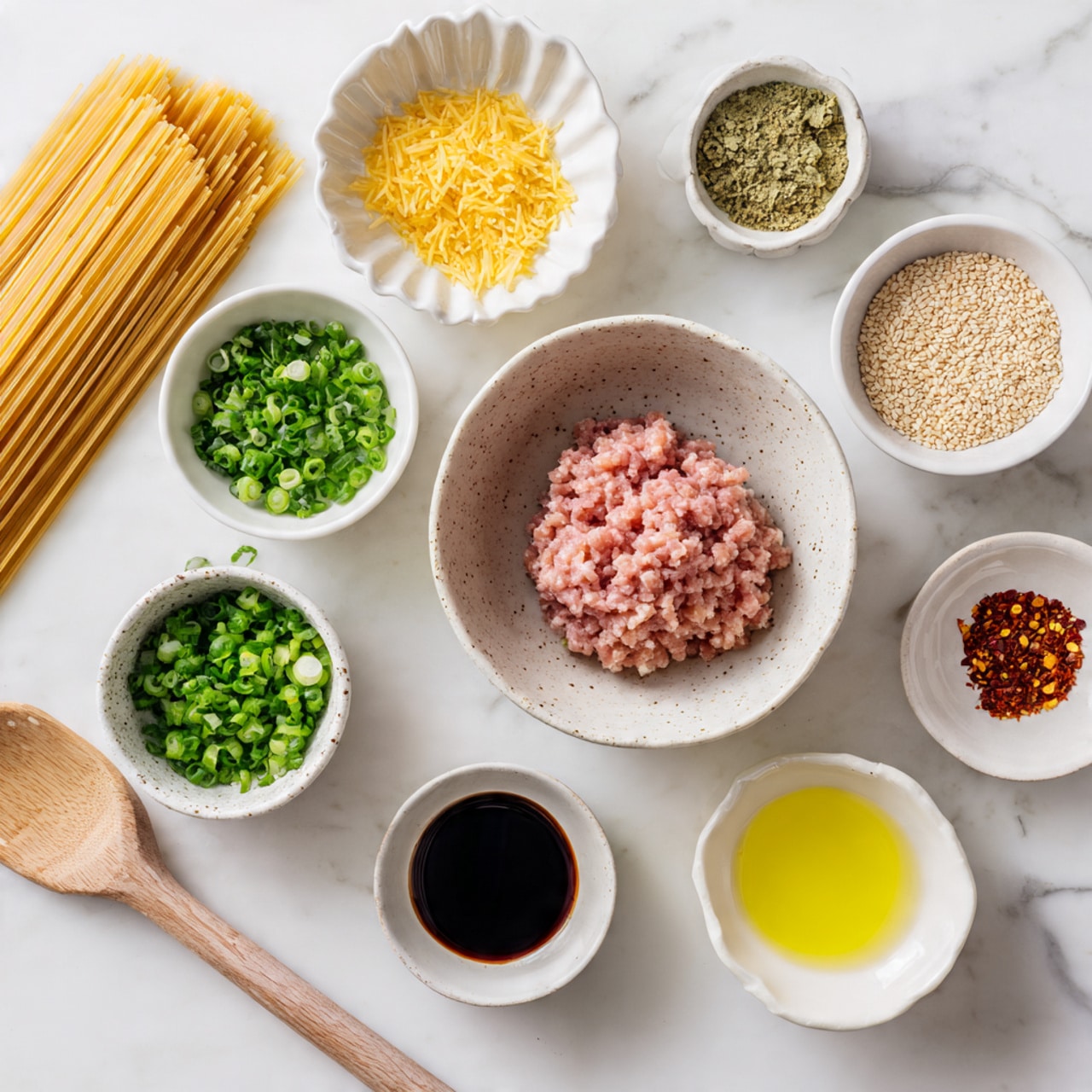 The image shows an overhead view of various cooking ingredients neatly arranged on a white marbled surface. At the center, there is a white bowl with a speckled pattern holding a mound of pale pink ground meat. Surrounding it are several small white bowls containing bright green chopped scallions, finely chopped fresh green herbs, light brown sesame seeds, a dark liquid sauce, a small dark brown sauce, a clear light yellow liquid, and a small bowl with reddish chili flakes. To the left, there is a stack of uncooked light brown spaghetti. A small white scalloped bowl at the top left holds a pile of finely grated yellow ginger. A wooden spatula rests on the left side. The arrangement of ingredients is orderly and vibrant, all set on a clean white marbled background. Photo taken with an iphone --ar 4:5 --v 7