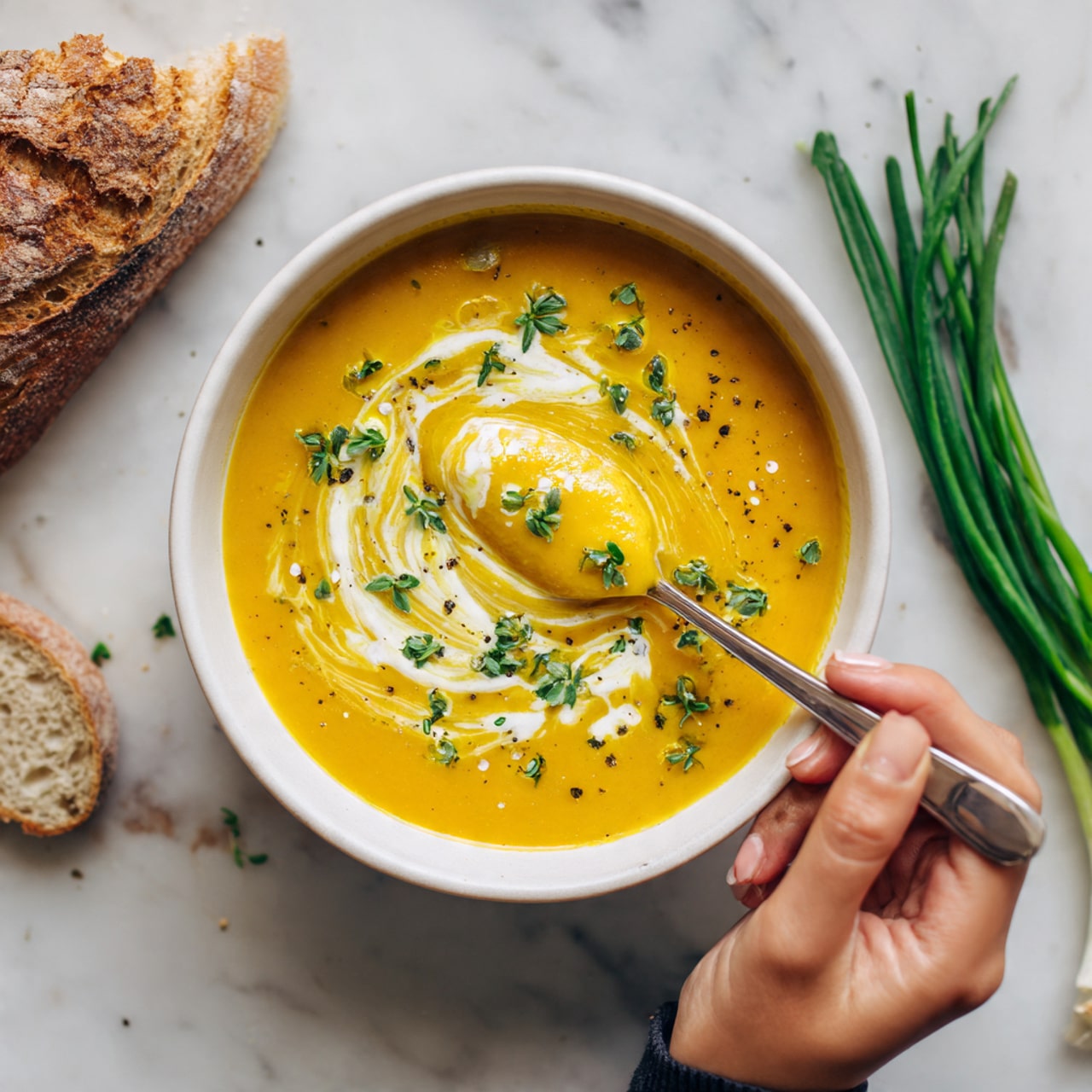 The image shows a white bowl filled with smooth yellow soup, likely made from vegetables or squash. The soup has a swirl of white cream on top and is sprinkled with small green herbs. A woman's hand is holding a spoon inside the bowl, lifting some soup. To the side, part of a light brown piece of bread rests on the white marbled surface. Green herbs and some green onion stalks lie in the background, adding fresh color to the scene. The photo taken with an iphone --ar 4:5 --v 7