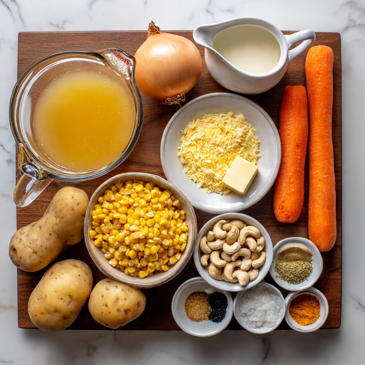 A wooden board holds the ingredients arranged neatly: a large glass measuring cup filled with golden broth sits on the lower left, next to a metal bowl full of bright yellow corn kernels. Three light brown potatoes are placed on the upper right side of the board, close to two orange carrots and a medium-sized light brown onion on the left. Above the potatoes, there is a white dish with a small square of butter, next to a white bowl filled with yellow nutritional flakes. Near the top right edge, a small white bowl holds various spices in small sections with colors including black, green, white, and orange. Beside it, a white cup is filled with whole cashew nuts, and on the upper left is a white gravy boat filled with a creamy white liquid. The background is a white marbled texture photo taken with an iphone --ar 4:5 --v 7