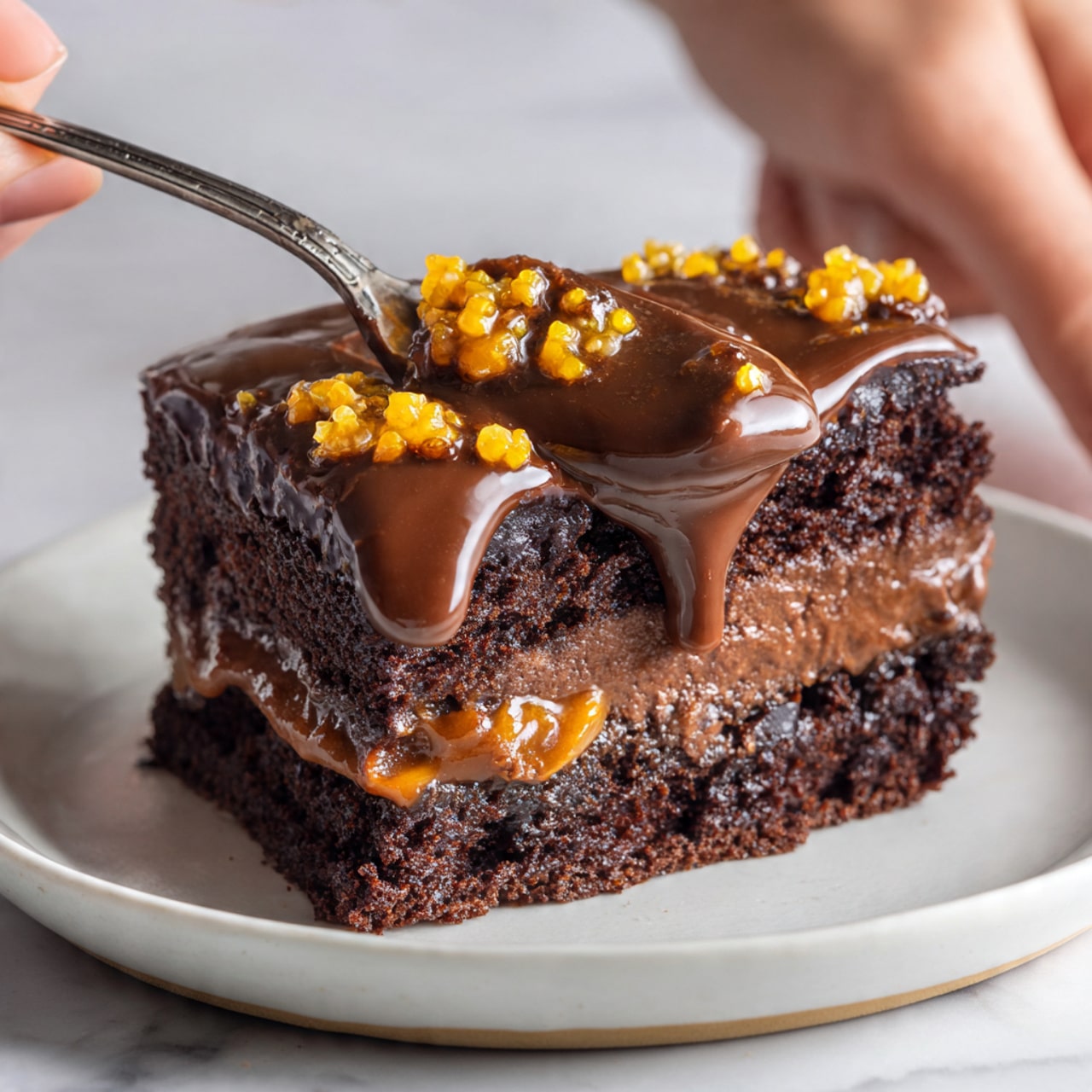 A close-up image of a rich chocolate dessert on a white plate, with a spoon lifting a piece. The dessert has multiple layers including a dark brown, moist chocolate cake base, topped with melted creamy chocolate that looks smooth and glossy. Small orange and yellow candy pieces are scattered on top, adding bright color contrast. The white marbled background softly blurs to keep focus on the dessert and the woman's hand holding the spoon. photo taken with an iphone --ar 4:5 --v 7