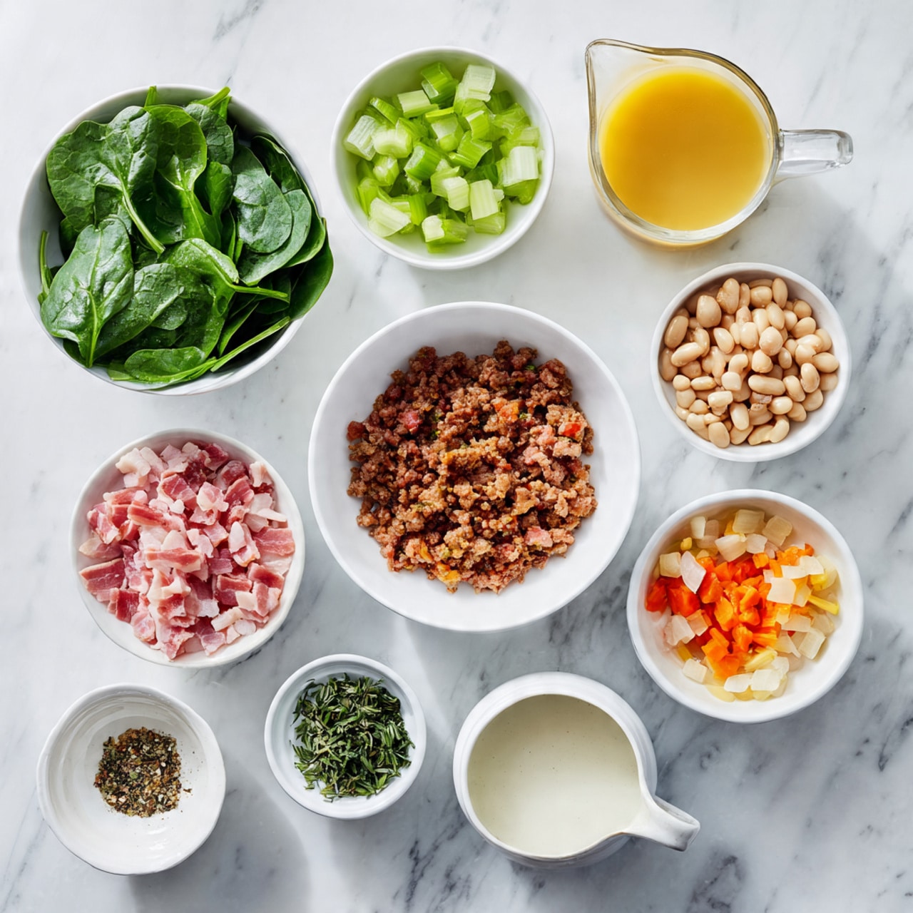 The image shows a top view of various ingredients arranged neatly on a white marbled surface. In the center is a white bowl filled with a layer of crumbled brown textured meat. Surrounding it are smaller white bowls and a white measuring cup: one bowl with bright green fresh spinach leaves, another with small diced pale green celery pieces, one with pink pieces of raw bacon, one with finely chopped white onion, one with small chopped orange carrots, one with pale beige beans, and one with finely minced yellow garlic. A small white dish holds a mix of green herbs and black pepper, while a white measuring cup contains a thick white liquid. Lastly, a clear glass pitcher holds a light yellow broth. Photo taken with an iphone --ar 4:5 --v 7