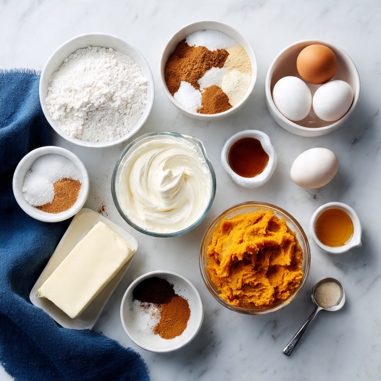 The image shows a flat lay of baking ingredients arranged neatly on a white marbled surface. There are nine white small bowls and measuring cups containing different items: two raw eggs in a white bowl at the top right, orange mashed pumpkin in a clear glass bowl below the eggs, a white measuring cup filled with smooth cream near the center, a white block of cream cheese on foil near the bottom left, a white cup of granulated sugar next to the pumpkin, a small white dish with cinnamon and other brown spices, a white cup of flour near the top left, a white cup of honey at the bottom, and a small white spoon with a dark liquid near the lower left. A dark blue cloth is placed near the bottom left corner. photo taken with an iphone --ar 4:5 --v 7