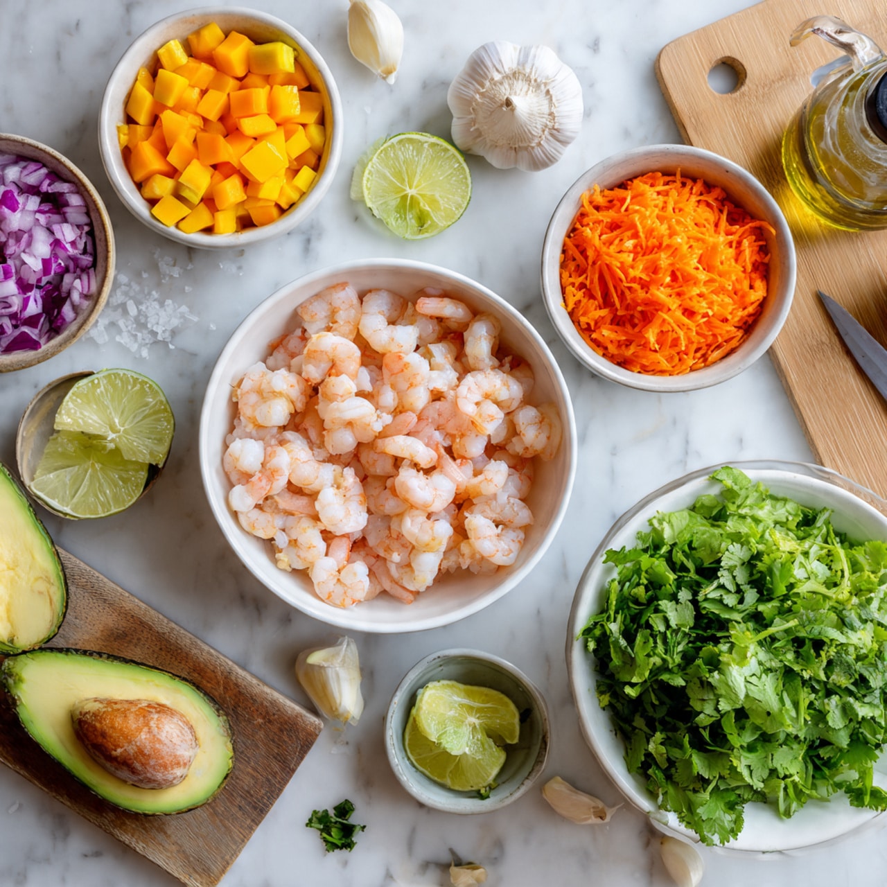 The image shows a white bowl filled with raw shrimp placed in the center on a white marbled surface. Around it, there are small bowls and piles of colorful ingredients: a white bowl with diced orange and yellow squash, a white bowl with finely chopped red onion, a white bowl with bright orange shredded carrots, and a large bowl of green chopped lettuce. There is also half an avocado with its green flesh and brown seed visible, a sliced lime, peeled garlic cloves, a small bottle of olive oil, and a bunch of fresh green cilantro. A wooden board with a woman's hand holding a small spoon with a scoop of the squash is also visible. The scene is bright and vibrant, showing fresh ingredients laid out neatly. photo taken with an iphone --ar 4:5 --v 7
