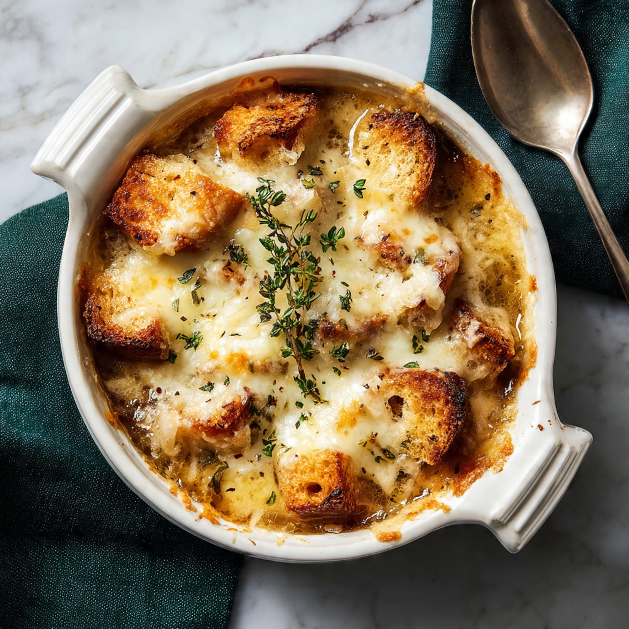 The image shows a white round bowl with two small handles filled with a golden brown cheesy dish. The top layer is melted cheese that is bubbly and slightly browned in spots, with a sprig of fresh green thyme placed in the center. Underneath the cheese, there are layers of soft browned pieces, likely toasted bread or croutons, partially covered by cheese. The bowl sits on a white marbled surface with a dark green cloth napkin and a silver spoon nearby. A woman's hand is gently touching the edge of the napkin. Photo taken with an iphone --ar 4:5 --v 7