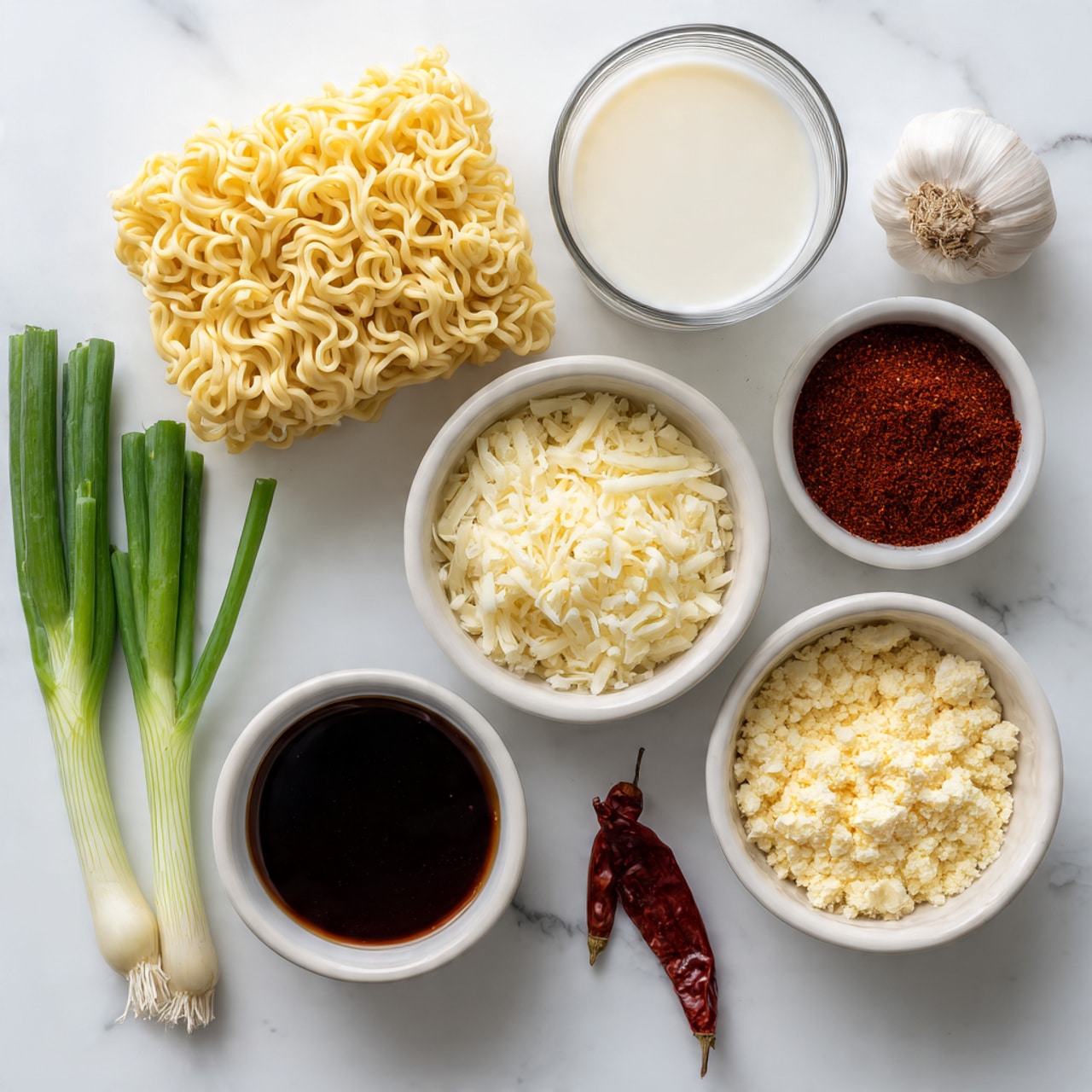 The image shows several ingredients neatly arranged on a white marbled surface. At the top left, there is a block of dry yellow ramen noodles with a wavy texture. Next to it is a clear glass filled with creamy white milk. Below the glass, there is a small white bowl with grated pale yellow cheese that looks soft and fluffy. To the right, another small white bowl contains red chili powder and another reddish spice. Below the spices, a white bowl holds light yellow grated garlic or ginger. To the left of these bowls, there is a small white bowl filled with a dark brown soy sauce. At the bottom left corner of the frame, there are two fresh green onions with white roots, and beside them, a small dried red chili pepper and a clove of garlic. All items are neatly placed on the white marbled surface, creating a clean and organized look. Photo taken with an iphone --ar 4:5 --v 7