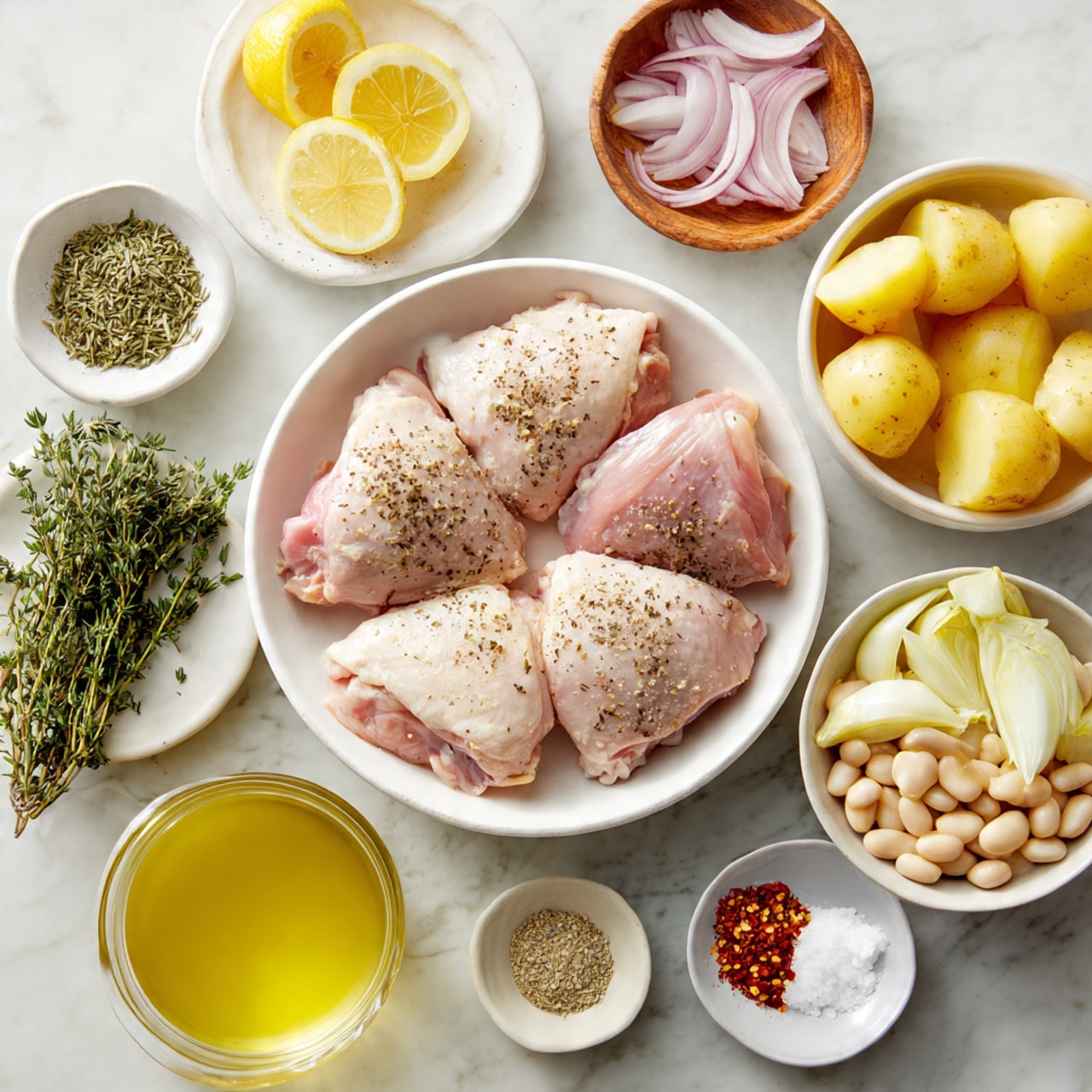 The image shows a white bowl in the center with six raw chicken thighs seasoned with black pepper, each piece light pink with skin and placed flat. Around it, there are small white bowls with different ingredients: thin sliced pale yellow lemon on a small white plate with fresh green thyme sprigs next to it, light pink thinly sliced shallots in a wooden bowl, minced white garlic in a small bowl, a mix of white salt and light brown pepper in another small bowl, and olive oil in a small white bowl. Also present are pale yellow quartered potatoes in a wooden bowl, pale yellow artichoke halves in a white bowl, white beans in another white bowl, a small white bowl with red chili flakes, and a clear glass cup of light yellow broth. All are placed on a clean white marbled surface. photo taken with an iphone --ar 4:5 --v 7