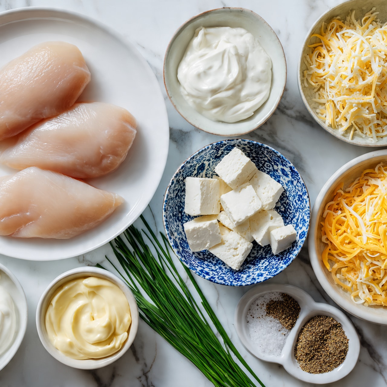 The image shows several bowls and plates on a white marbled surface, each holding different ingredients. On the left, a white plate holds four raw, pale pink chicken fillets. To the right of this plate, a small blue bowl with a white pattern contains three cubes of white cream cheese. Next to it, a white bowl filled with a mix of shredded yellow and white cheese sits. Below the cream cheese bowl, another white bowl holds white sour cream, and to the right of that, a smaller white bowl contains a pale yellow mayonnaise. In front of the chicken plate, fresh green chives lay flat on the surface. Small white dishes hold a mixture of ground spices and salt. The photo is taken with an iphone --ar 4:5 --v 7