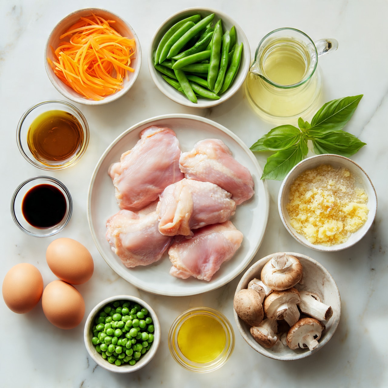 The image shows many fresh ingredients arranged neatly on a white marbled surface. In the center, there is a white round plate with five raw chicken thighs, pink and plump. Around it, different small white bowls hold various items: bright green snap peas, chopped light green vegetables, thin orange carrot strips, mushrooms with brown caps, and grains of rice. Two eggs lie near the bottom left. There are also small glass bowls with dark soy sauce, clear liquid, golden syrup, and grated light yellow ginger and garlic. Above all, a transparent glass pitcher holds a pale yellow liquid, and a few fresh green basil leaves are placed near the chicken plate. The colors are fresh and natural, with a clean white marbled background giving contrast and brightness to the ingredients. photo taken with an iphone --ar 4:5 --v 7