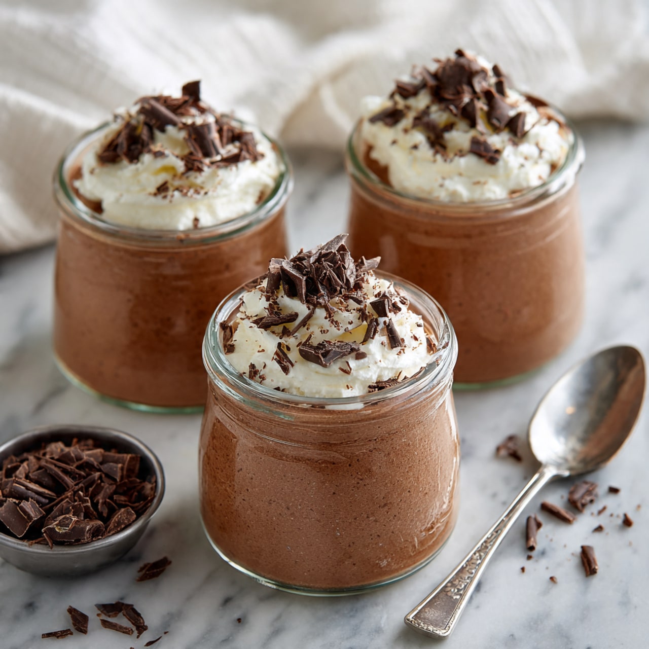 The image shows three clear glass jars filled with smooth, light brown chocolate mousse. Each jar has one layer of mousse topped with a dollop of white whipped cream. Dark chocolate curls and shavings are scattered generously on top of the whipped cream. The jars sit on a white marbled surface, with some chocolate curls scattered around. A small metal bowl with extra chocolate curls and a shiny silver spoon appear to the side, along with a soft white cloth in the background. photo taken with an iphone --ar 4:5 --v 7