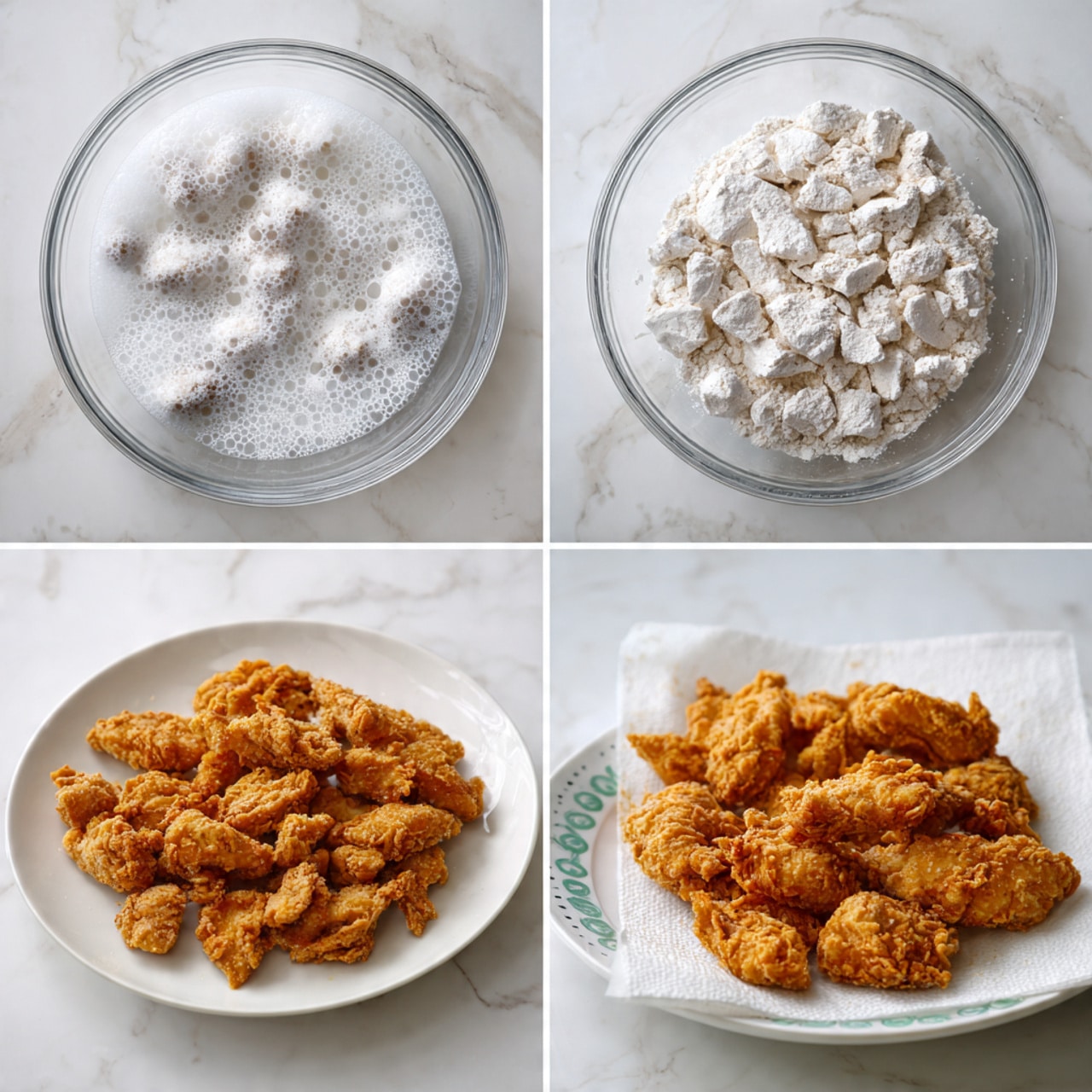 The image shows four stages of making fried chicken pieces, arranged in a square. The top left shows raw chicken pieces covered with white foamy bubbles inside a clear glass bowl on a white marbled surface. The top right shows the same chicken pieces in the glass bowl, now coated unevenly with a white powder. The bottom left shows many small chicken pieces fully coated with the white powder, arranged in a round layer on a white plate on the white marbled surface. The bottom right shows the fried chicken pieces, golden brown with a rough, crispy texture, piled on a white plate lined with a white paper towel printed with faint green and gray circles, also on the white marbled surface. Photo taken with an iphone --ar 4:5 --v 7