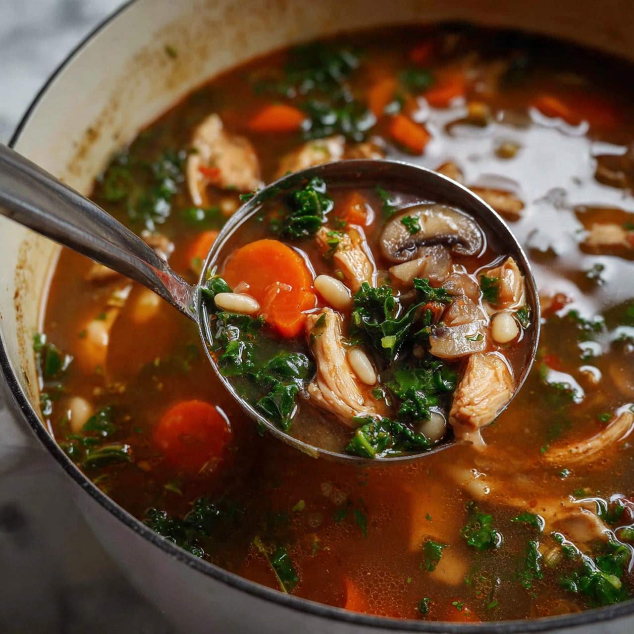A close-up image shows a vegetable and chicken soup with a shiny metal ladle lifting a scoop from the pot. The soup has many layers: the clear brown broth as the base, large chunks of light tan chicken pieces, thinly sliced brown mushrooms, bright orange carrot cubes, dark green leafy kale, small white beans, and short grain-like pasta. Fresh chopped herbs are scattered on top, adding small pops of green. The soup looks warm and full of texture held against a white marbled surface. photo taken with an iphone --ar 4:5 --v 7
