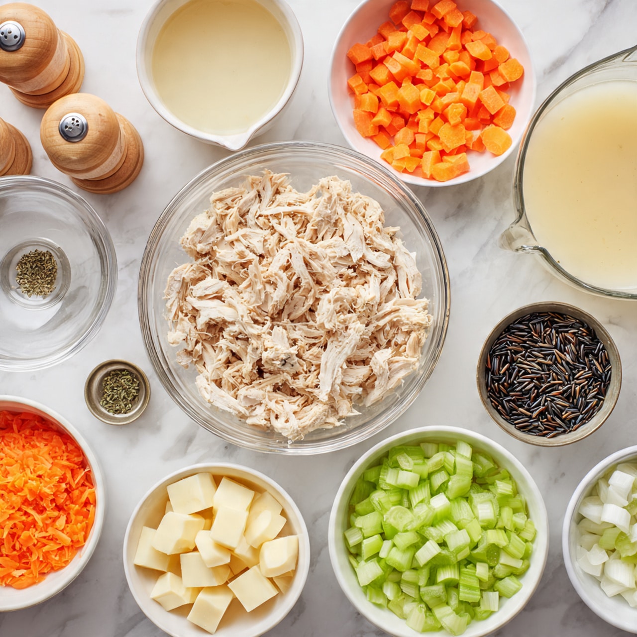 The image shows an overhead view of ingredients arranged neatly on a white marbled surface. In the center, a large clear glass bowl holds shredded light tan cooked chicken. Surrounding it are smaller white bowls filled with bright orange chopped carrots, light green celery pieces, and white diced onions. There is a white bowl with pale yellow butter cubes, a smaller white bowl with black wild rice, and tiny metal bowls with minced garlic and dried herbs. Also present are two clear measuring cups, one filled with creamy white liquid and the other with pale yellow broth. Two wooden salt and pepper grinders stand at the top left corner. photo taken with an iphone --ar 4:5 --v 7