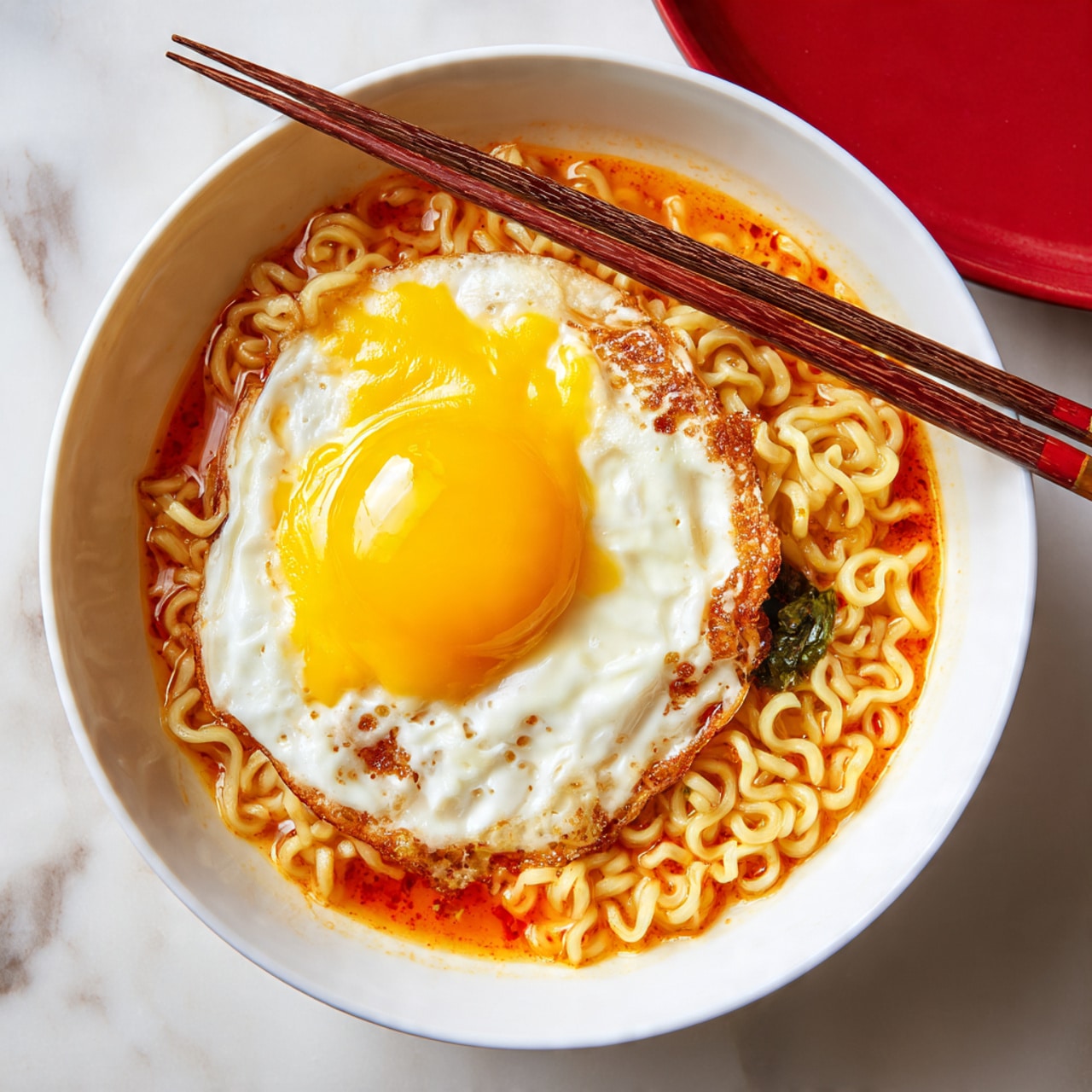 A white bowl filled with cooked yellow instant noodles in a light orange broth, topped with a bright yellow melted cheese layer covering part of the noodles, and a fried sunny-side-up egg with a white crispy edge and a shiny yellow yolk placed on one side. A pair of wooden chopsticks rests on the edge of the bowl. The bowl sits on a white marbled surface with a red plate partially visible in the background. Photo taken with an iphone --ar 4:5 --v 7