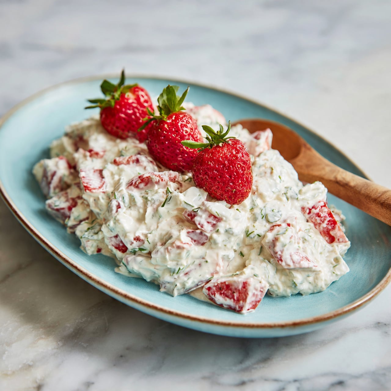 The image shows a close-up of a light blue oval plate filled with a creamy salad. The salad has many small pieces of red strawberries mixed into a white creamy base with a thick texture. Three whole strawberries with green leaves are placed on top in a row. A wooden spoon is partially visible on the right side of the plate. The plate sits on a white marbled surface photo taken with an iphone --ar 4:5 --v 7