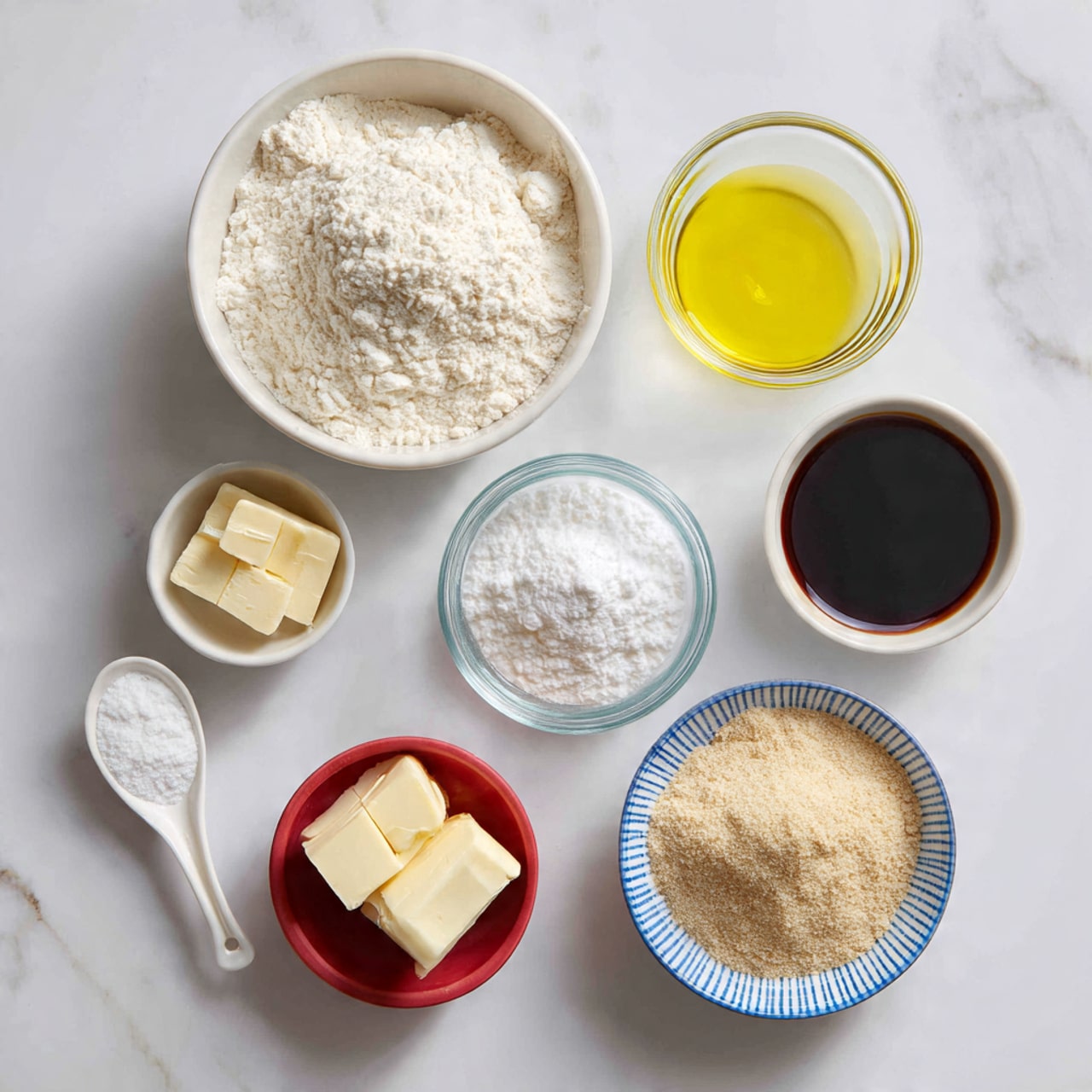 The image shows seven bowls and a spoon with ingredients arranged on a white marbled surface. In the top left is a large white bowl filled with white flour. To the right of it is a small clear glass bowl with a bright yellow liquid, likely oil. Below the flour is a medium clear bowl filled with a dark thick liquid, probably syrup. Beside that is a small clear bowl with a white powder, possibly sugar. In the bottom row from left to right, there is a small white spoon with white powder, a small white bowl with two light yellow butter pieces, a red bowl filled with beige powder, and a blue and white patterned bowl with light brown granular powder. The bowls and spoon are neatly placed with clear colors and textures visible. Photo taken with an iphone --ar 4:5 --v 7