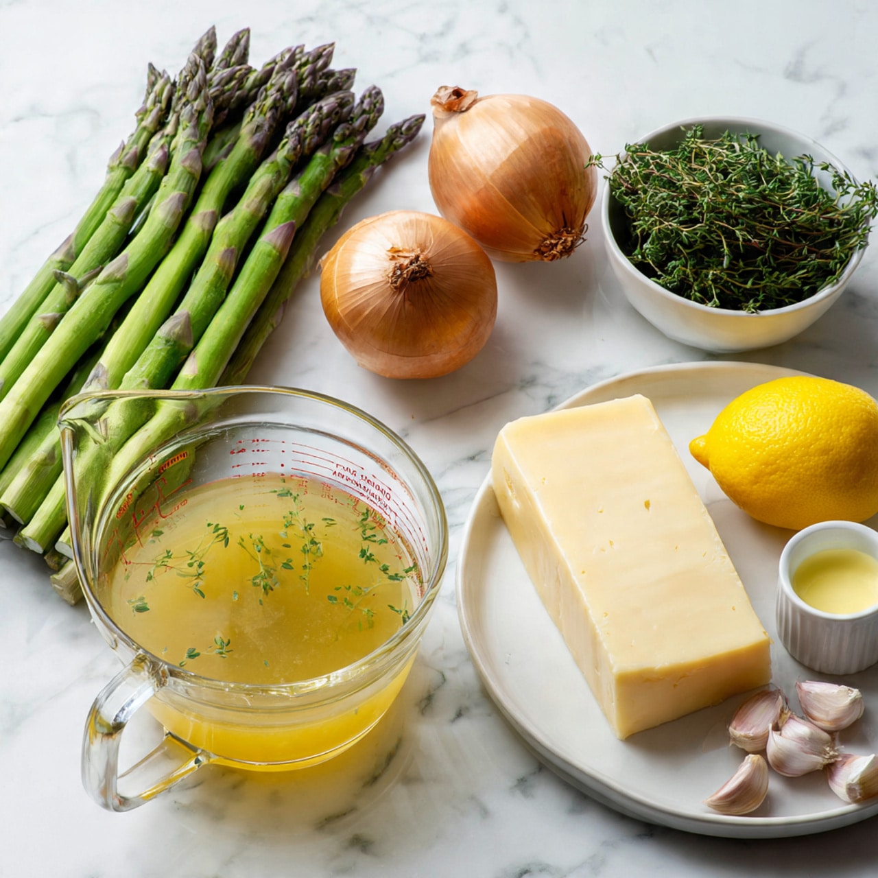 The image shows fresh green asparagus standing upright in a clear glass bowl positioned in the center left with a visible textured purple tinge near the tips. In front of it, there is a transparent measuring cup filled with light yellow broth with green herbs floating on top. To the center right, two round brown onions rest on a white marbled surface along with a small white bowl filled with fresh green thyme sprigs. Next to the onions, a bright yellow lemon is placed. On a white plate in the bottom right is a large wedge of pale beige hard cheese with smooth sides, and beside it, a small white ramekin contains yellow butter. In the foreground to the right of the plate, there are three garlic cloves with light purple skin. The background is a white marbled texture. Photo taken with an iphone --ar 4:5 --v 7