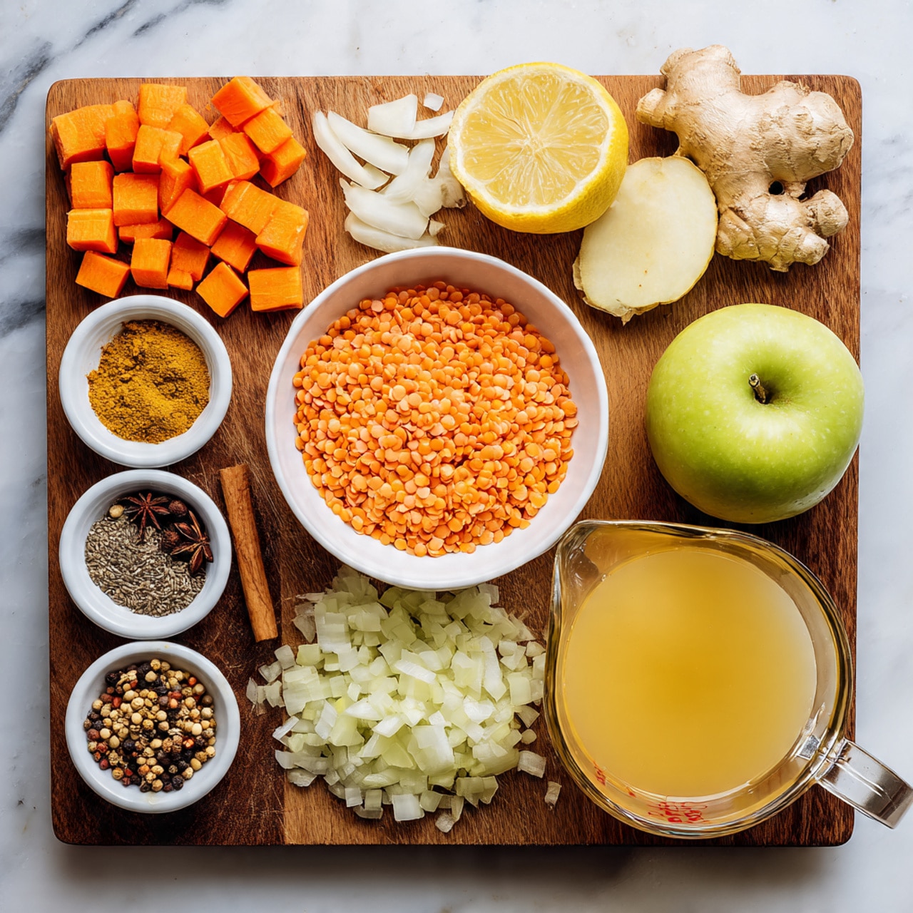 A wooden cutting board placed on a white marbled surface holds an array of ingredients neatly arranged in a grid-like pattern. On the top left are small orange carrot cubes, next to them on the right is a halved lemon slightly tilted to show its juicy interior. Below the lemon, slightly to the right, are thin white garlic slices, and below that, a piece of light brown ginger root. A whole green apple is positioned below the lemon, and to its right, a white bowl filled with bright orange lentils. Beneath the carrots, to the left, is a pile of finely chopped white onions, and below the onions is a mound of pale green diced vegetables. On the bottom left corner, two small white bowls contain assorted spices—one with a mix of whole peppercorns, cinnamon stick, and seeds, and the other with a blend of ground spices in yellow, brown, and red hues. To the bottom right sits a clear glass measuring cup with pale yellow broth. The image is bright and crisp, photo taken with an iphone --ar 4:5 --v 7