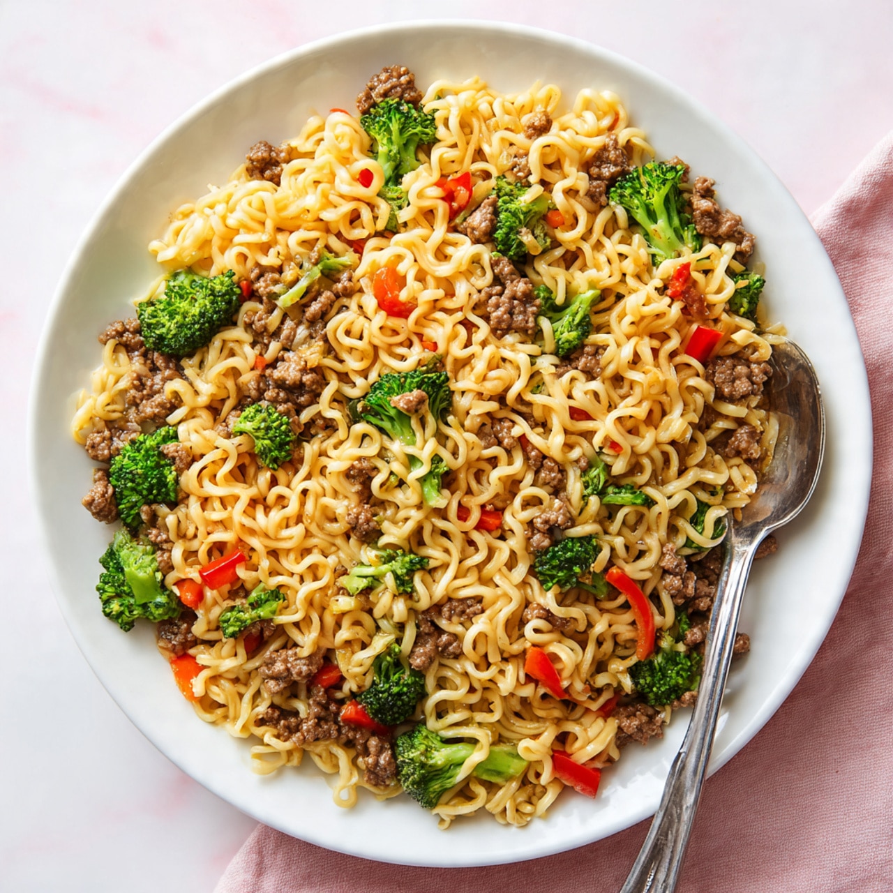 This image shows a white plate full of cooked instant noodles mixed with colorful vegetables. The noodles are a light golden color and form the main top layer, with small bits of dark brown ground meat scattered throughout. Mixed in are bright green broccoli florets and diced red bell peppers, creating spots of color among the noodles. A silver spoon rests inside the noodles on the right side of the plate. The plate is placed on a white marbled surface with a soft pink backdrop. Photo taken with an iphone --ar 4:5 --v 7