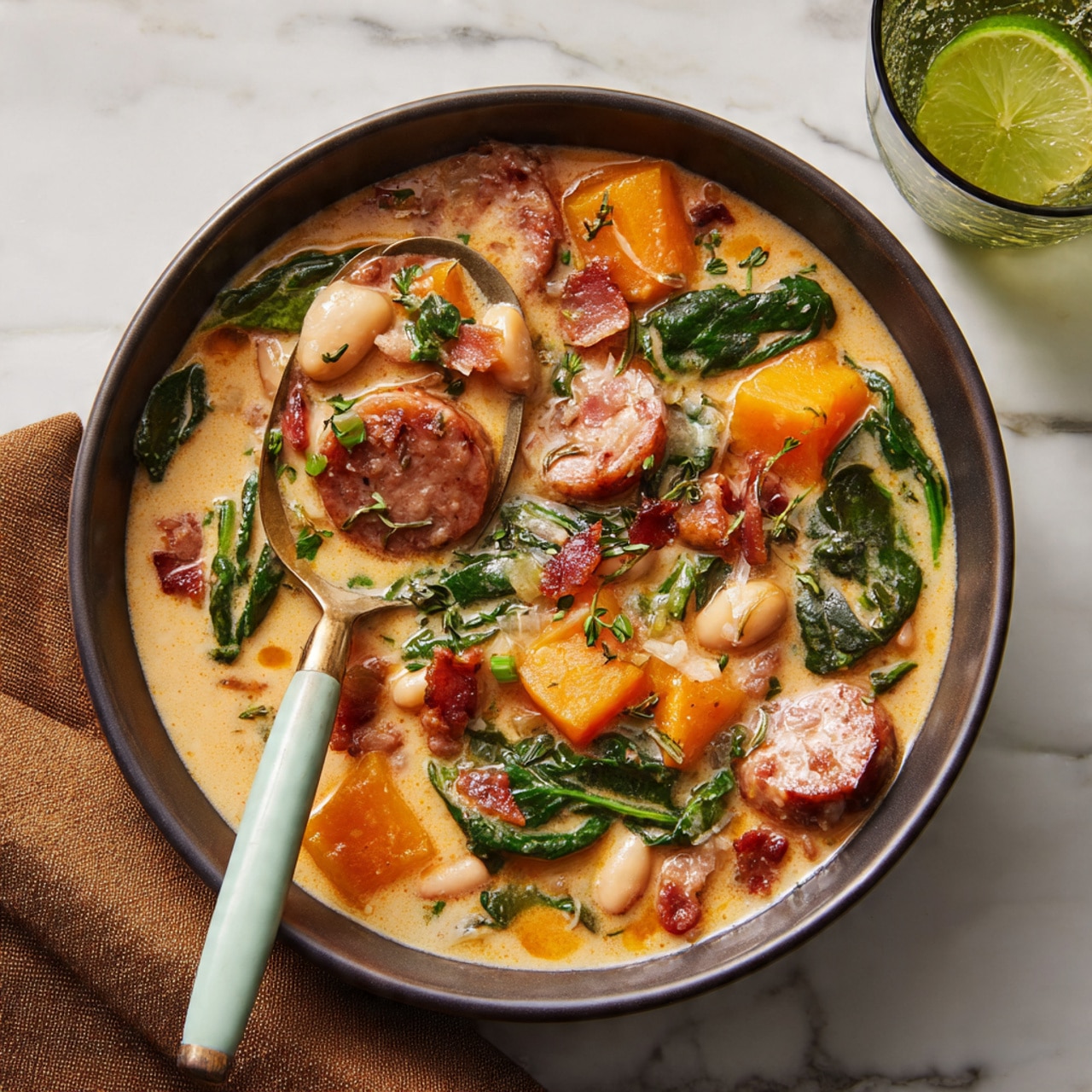 A deep bowl filled with a creamy, light tan soup that has several layers of ingredients visible. Large green spinach leaves float on top, alongside chunks of bright orange butternut squash. There are also thick slices of browned sausage, crispy pieces of dark red bacon, and small white beans scattered throughout. Tiny green herb leaves are sprinkled over everything. A spoon with a pale blue handle rests inside the bowl, lifting some soup. The bowl sits on a white marbled surface with a folded brown cloth nearby and a greenish glass with a slice of lime on the side. Photo taken with an iphone --ar 4:5 --v 7