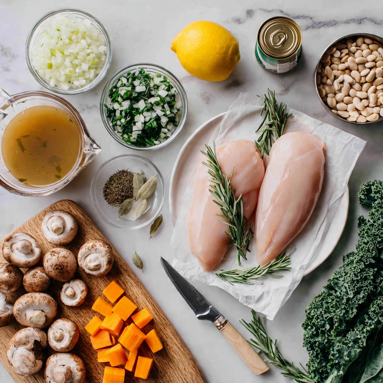 The image shows a white plate with two raw light pink chicken fillets on a white parchment paper, placed on the top right. In front of the plate, there are whole brown mushrooms scattered with fresh green rosemary sprigs. To the left, there are small glass bowls filled with finely diced white onions and chopped green celery. Near the bottom left, there is a measuring cup filled with light brown broth. In the center, there is a wooden cutting board with bright orange carrot sticks and cubes, a small knife placed horizontally, and small glass bowls with dried herbs and a bay leaf. A halved yellow lemon is placed near the bowls, and an opened can of light beige beans is on the right near dark green curly kale leaves spread on a white marbled surface. Photo taken with an iphone --ar 4:5 --v 7