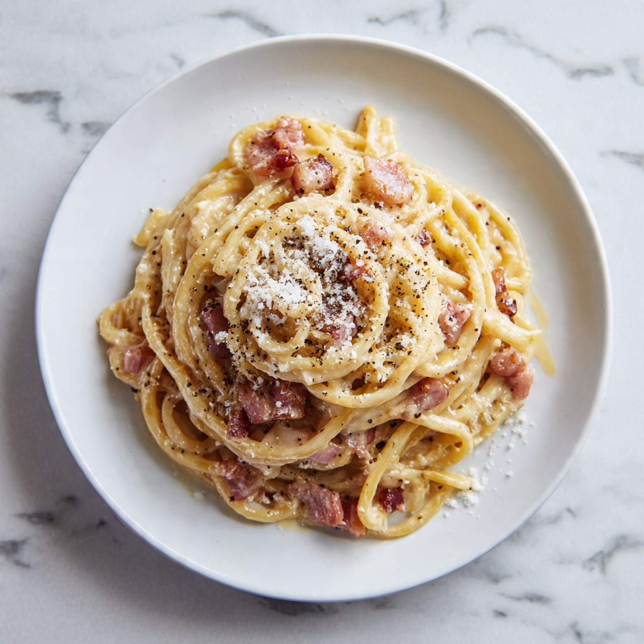 A small mound of creamy yellow noodles is placed in the center of a white plate, mixed with pieces of pinkish-brown bacon scattered throughout. The noodles have a slightly wavy texture and a glossy finish from the sauce. On top, there is a sprinkling of finely grated white cheese and a light dusting of black pepper. The plate sits on a surface with a white marbled texture. photo taken with an iphone --ar 4:5 --v 7