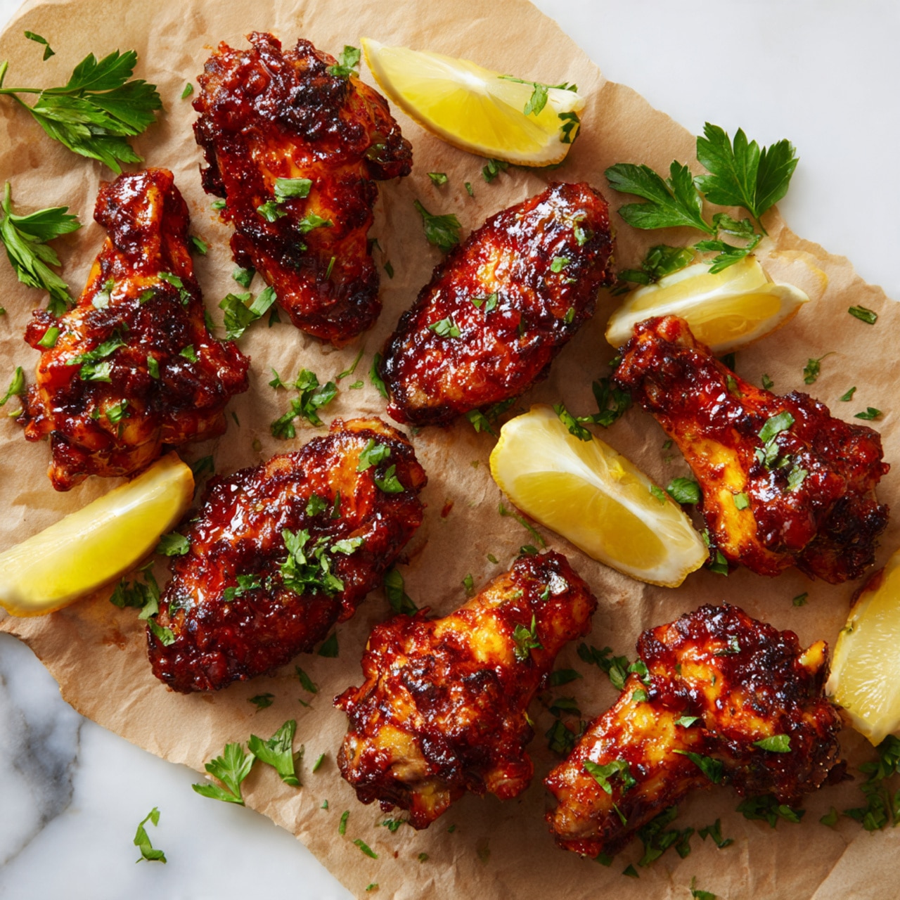 Several pieces of glazed chicken wings, each coated in a shiny, reddish-brown sauce with a slightly charred texture, are spread out on light brown parchment paper. Scattered between the wings are bright yellow lemon wedges showing the juicy inner pulp and a small bunch of fresh green parsley in one corner. The scene is set on a white marbled surface, enhancing the contrast of the rich colors. The photo taken with an iphone --ar 4:5 --v 7