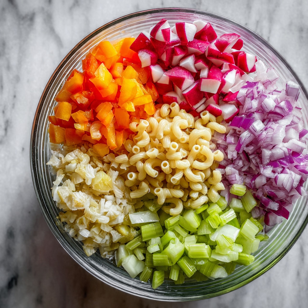 In the clear glass bowl, there are seven layers of finely chopped ingredients arranged side by side. At the top left, bright red and white radish pieces form the first layer. Next to it on the right is a vibrant orange layer made of diced bell peppers. Below these, a small cluster of pale yellow elbow macaroni shapes stands out in the center. To the left of the macaroni, there is a chopped layer of tan and white pickles. Below the macaroni and to the left, a fresh light green celery layer sits next to a deeper green celery layer. At the bottom right, a purple and white chopped onion layer completes the circle. The bowl sits on a white marbled texture. photo taken with an iphone --ar 4:5 --v 7