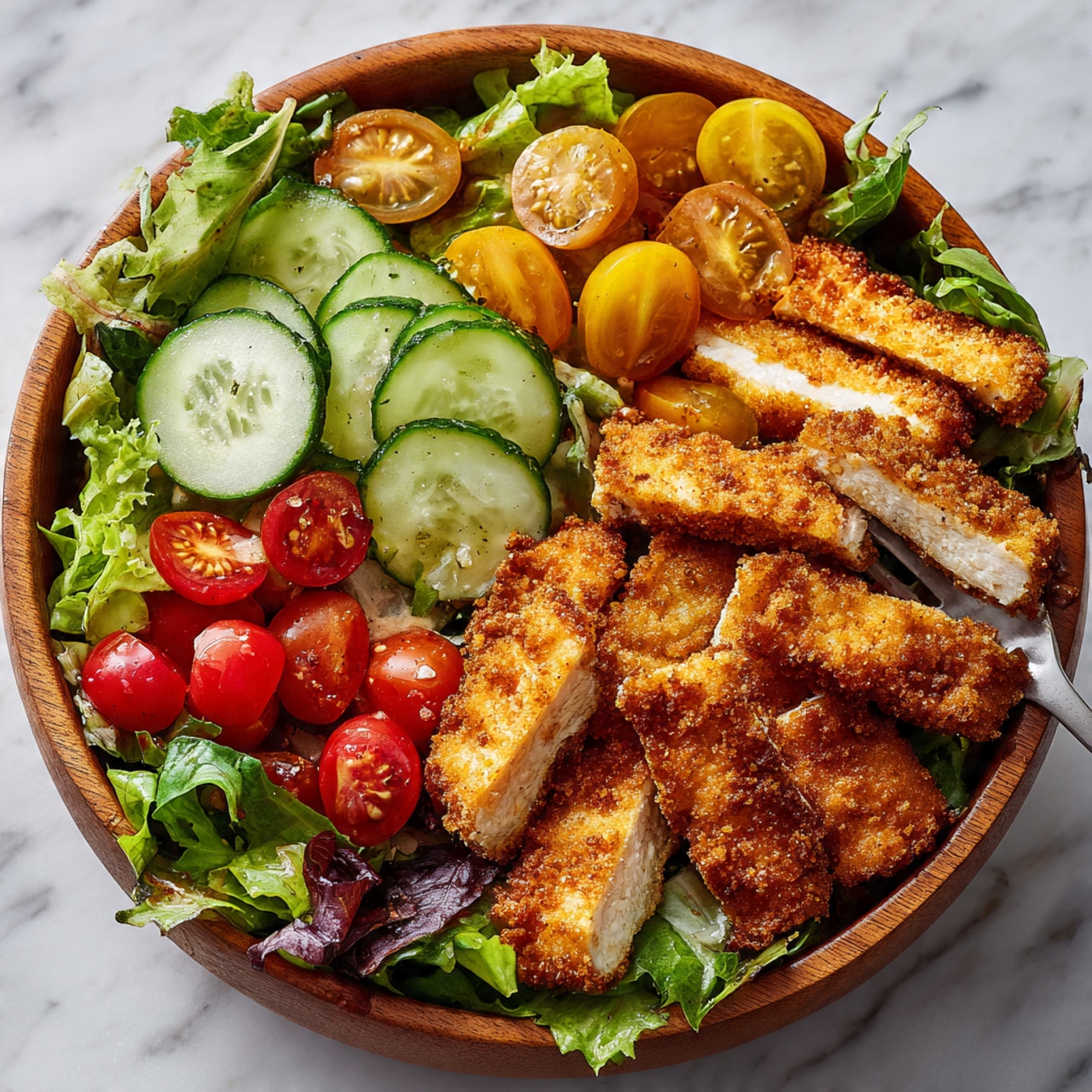 The image shows a wooden bowl filled with a colorful salad. The base layer consists of fresh mixed green leaves spread all over the bowl. On top of the greens, there are sliced cucumbers with pale green skin and light flesh, and halved bright red cherry tomatoes scattered evenly. There are also crispy golden-brown slices of breaded chicken laid on one side, and long, thin fried chicken strips placed on the other side, both showing a crunchy texture with a warm, toasted color. The white marbled surface beneath the bowl adds a clean, bright background. A woman's hand holding a fork is visible near the bowl’s edge. Photo taken with an iphone --ar 4:5 --v 7