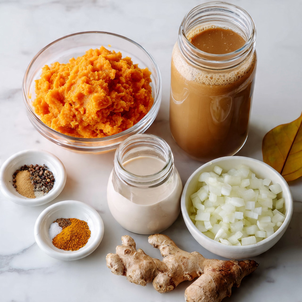 The image shows several ingredients arranged on a white marbled surface. On the left side, there is a clear glass bowl filled with bright orange mashed sweet potatoes, showing a smooth but slightly chunky texture. Next to it, on the right, is a large mason jar filled with a light brown liquid, possibly broth. In front of the jar, there is a small glass jar with a white creamy liquid, likely coconut milk, with a smooth surface. To the right of this jar is a white bowl filled with chopped white onions, each piece small and slightly translucent. In the bottom left corner, a small white dish contains four different spices — white salt, black pepper, bright yellow curry powder, and another brownish spice. Nearby, there are two ginger roots and a yellow bay leaf on the marble surface, with one ginger having bright orange peel showing. The composition is well lit and clear. photo taken with an iphone --ar 4:5 --v 7