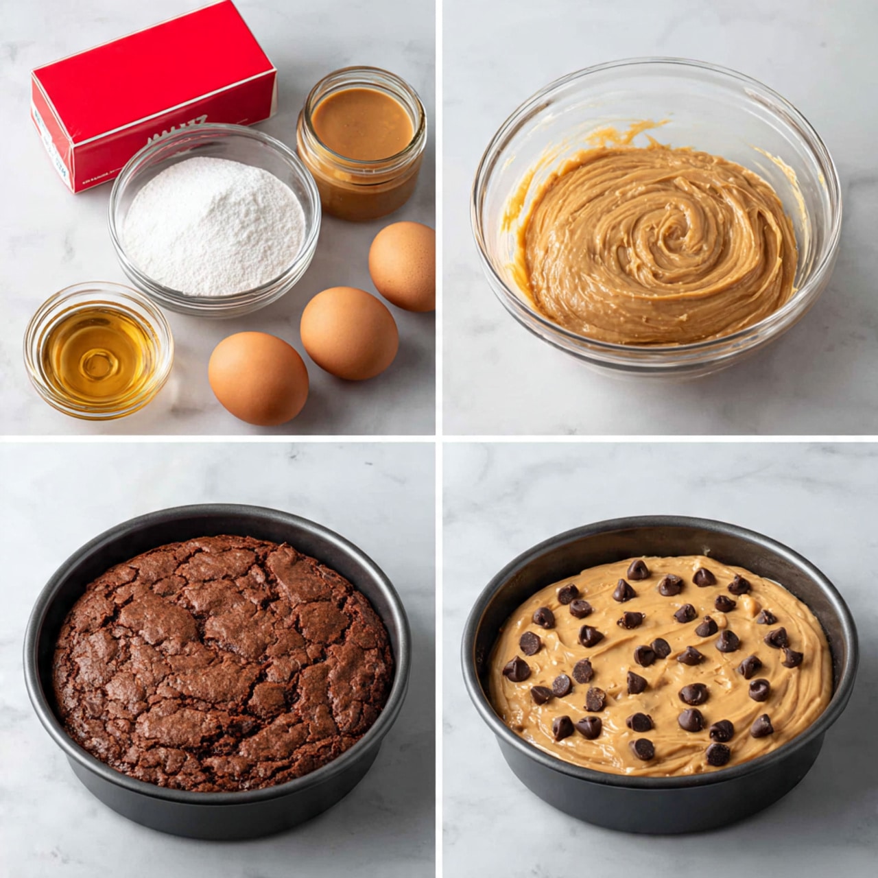 The image is a collage of four photos showing steps to make a chocolate peanut butter dessert. The top left photo shows ingredients placed on a white marbled surface: a red box of brownie mix, a jar of peanut butter, a clear glass bowl with white sugar, a small glass bowl with clear oil, and two brown eggs. The top right photo shows a clear glass bowl filled with smooth, light brown batter. The bottom left photo shows a round black pan with a dark brown baked brownie layer, textured and firm, sitting on the white marbled surface. The bottom right photo shows the same black pan with a light tan peanut butter batter layer spread evenly on top of the baked brownie layer, sprinkled with chocolate chip pieces. photo taken with an iphone --ar 4:5 --v 7