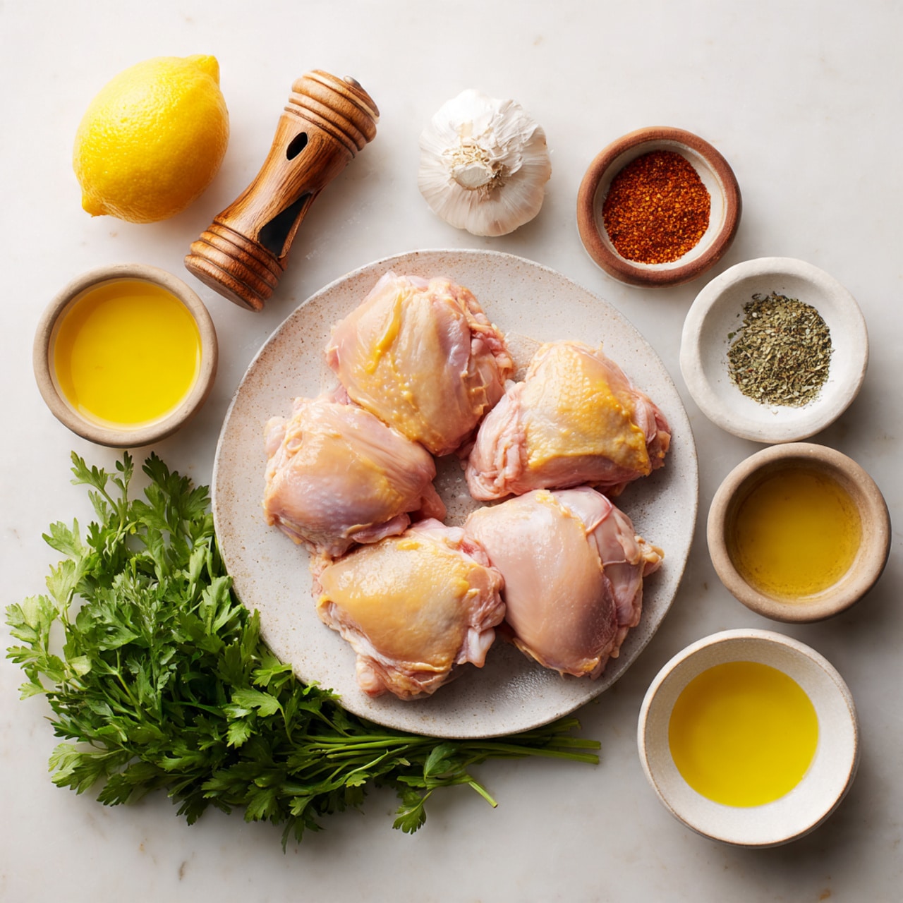 Four raw chicken pieces with a shiny, smooth pink surface lie flat on a round white plate with a subtle pattern, placed on a white marbled texture. Around the plate are small white bowls and round brown containers holding yellow olive oil, creamy yellow sauce with oil drops, red spice powder, dried green herb flakes, coarse salt, and ground black pepper. A wooden lemon juicer and a half lemon displaying the light yellow inner fruit are at the top left, while a whole white garlic bulb and a bunch of bright green curly parsley rest at the bottom. Photo taken with an iphone --ar 4:5 --v 7
