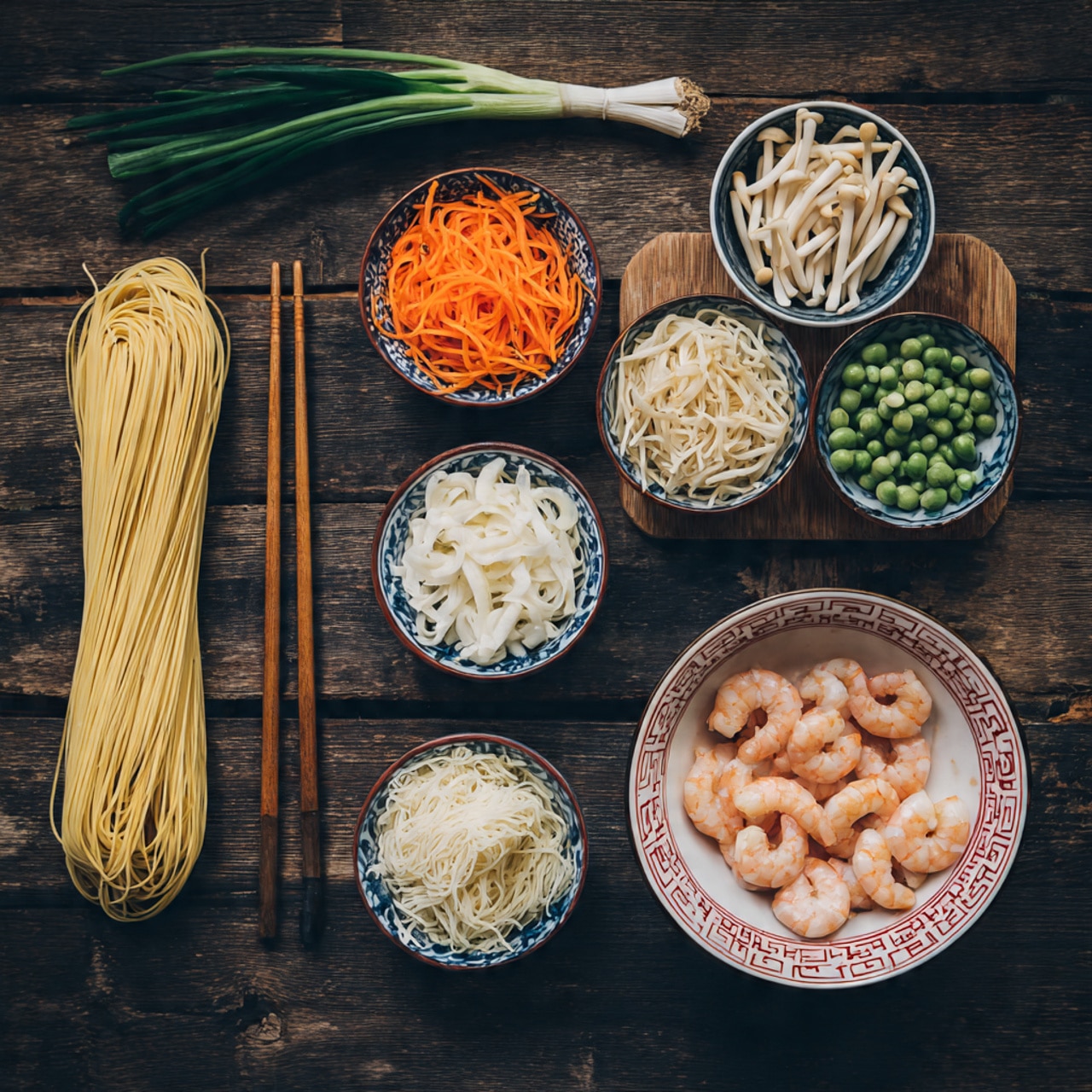 The image shows a top view of various fresh ingredients arranged neatly on a dark wooden surface. Starting from the bottom left, there is a bundle of pale yellow noodles resting on a small wooden board. To the bottom right, there is a white bowl with red geometric patterns holding several raw shrimp with their tails on. Moving upward, there are five small white bowls with different ingredients: sliced white radish, shredded orange carrots, snow peas, sliced bamboo shoots, and bean sprouts, each bowl decorated with blue or red traditional patterns. A pair of wooden chopsticks lies next to the shrimp bowl, and a bunch of green onions is placed at the top left corner. The overall texture is natural and fresh. Photo taken with an iphone --ar 4:5 --v 7